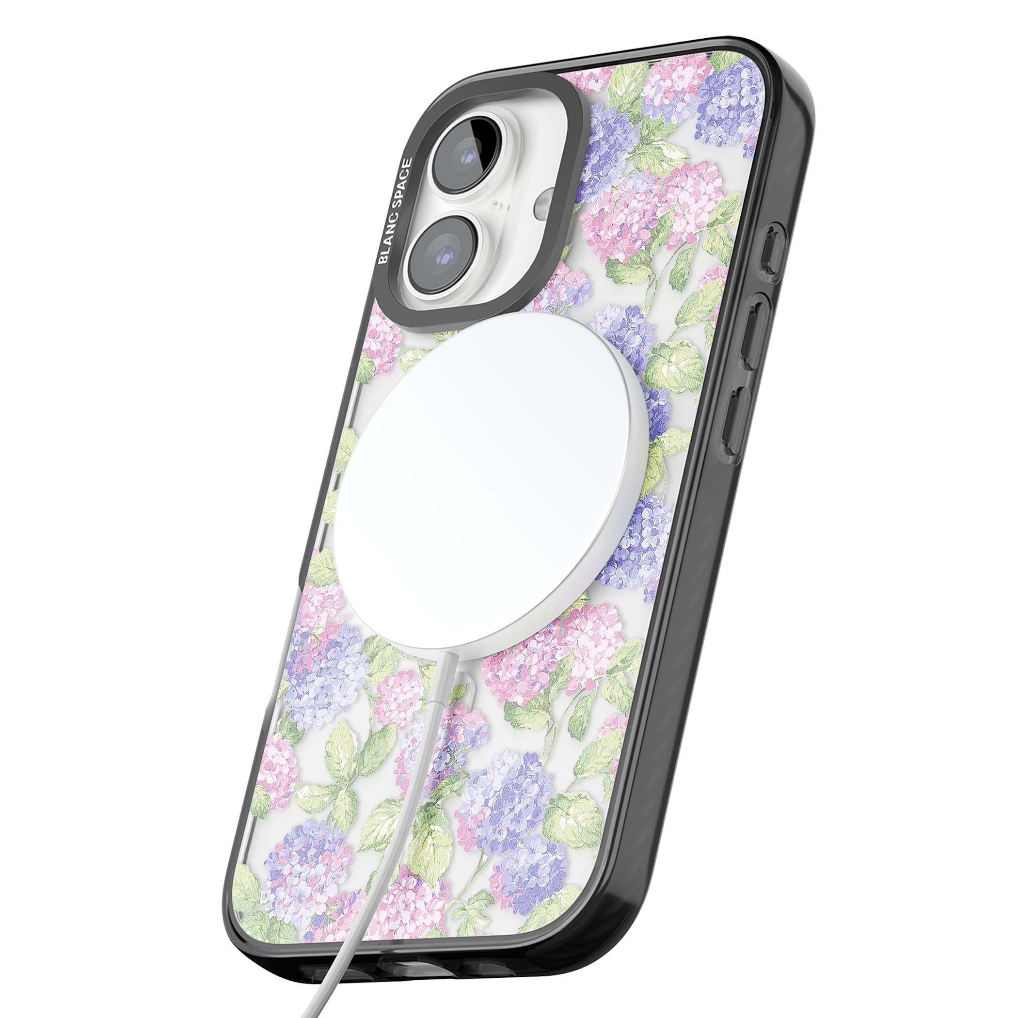 Cottage Hydrangea cottagecore iPhone case featuring pink and purple hydrangea blooms with green leaves on a clear background | Black Impact Magsafe case for iPhone 16, iPhone 16 Plus