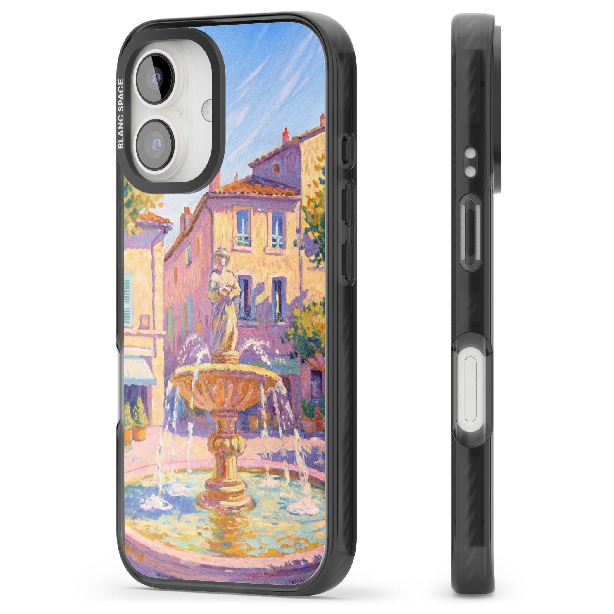 Fountain Square fine art iPhone case featuring an impressionist Provençal fountain, pastel village buildings and summe | Black Impact Magsafe case for iPhone 16, iPhone 16 Plus