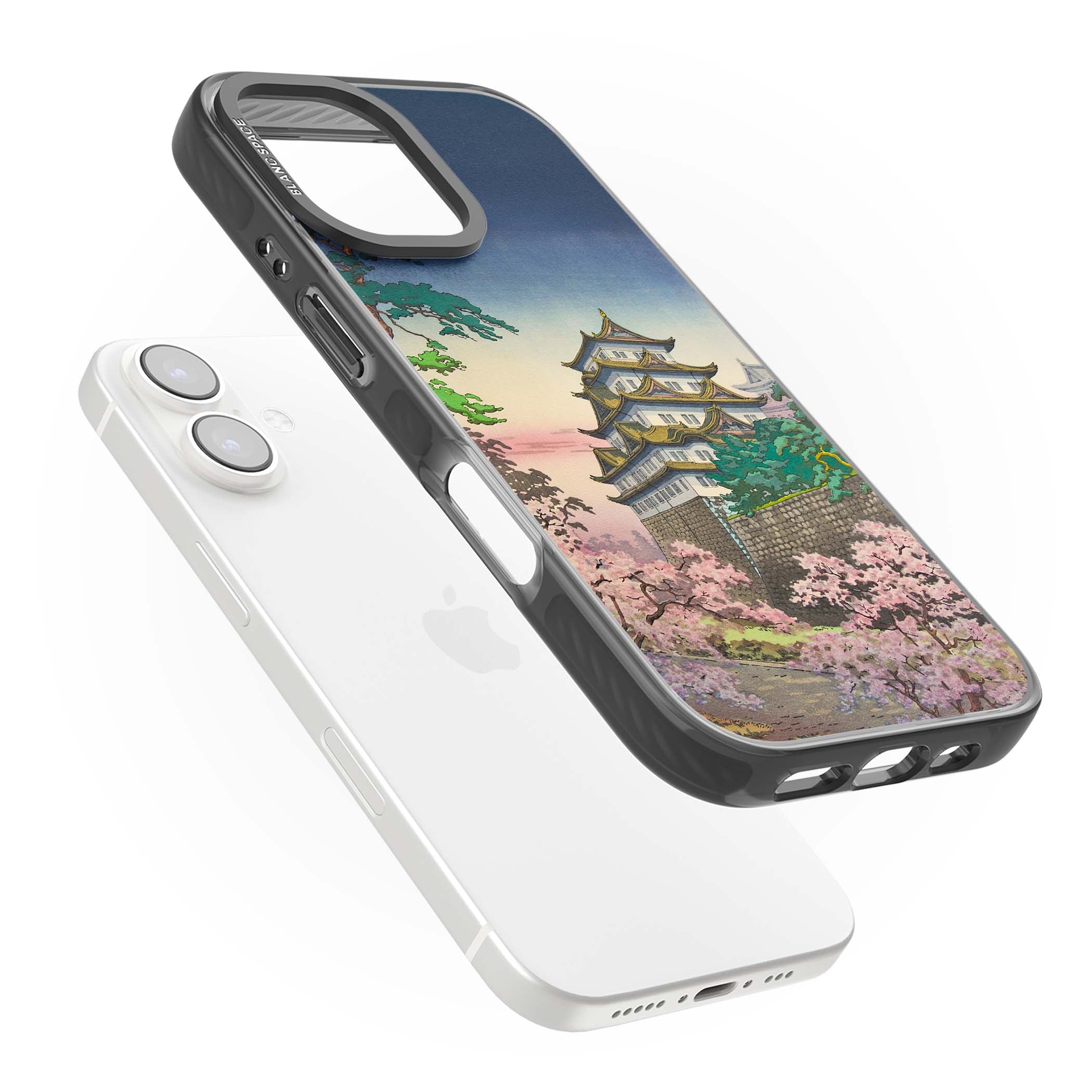 Nagoya Castle Japanese iPhone case featuring a vintage pagoda, twilight sky and cherry blossom trees | Black Impact Magsafe case for iPhone 16, iPhone 16 Plus
