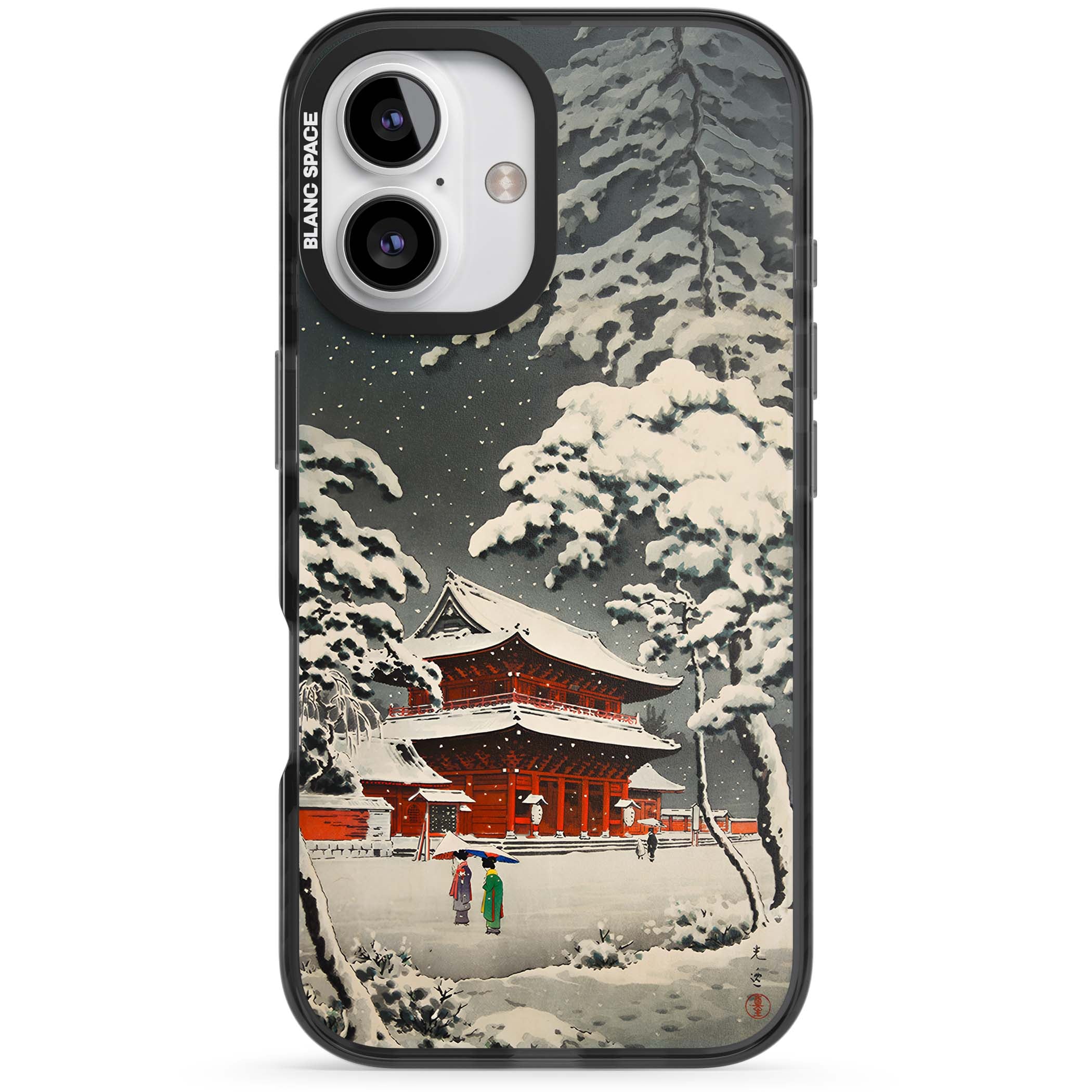 Snow at Shiha Park, Tokyo Japanese art iPhone case featuring a vintage ukiyo-e snowy temple, red pagoda, and snow-covered pin | Black Impact Magsafe case for iPhone 16, iPhone 16 Plus