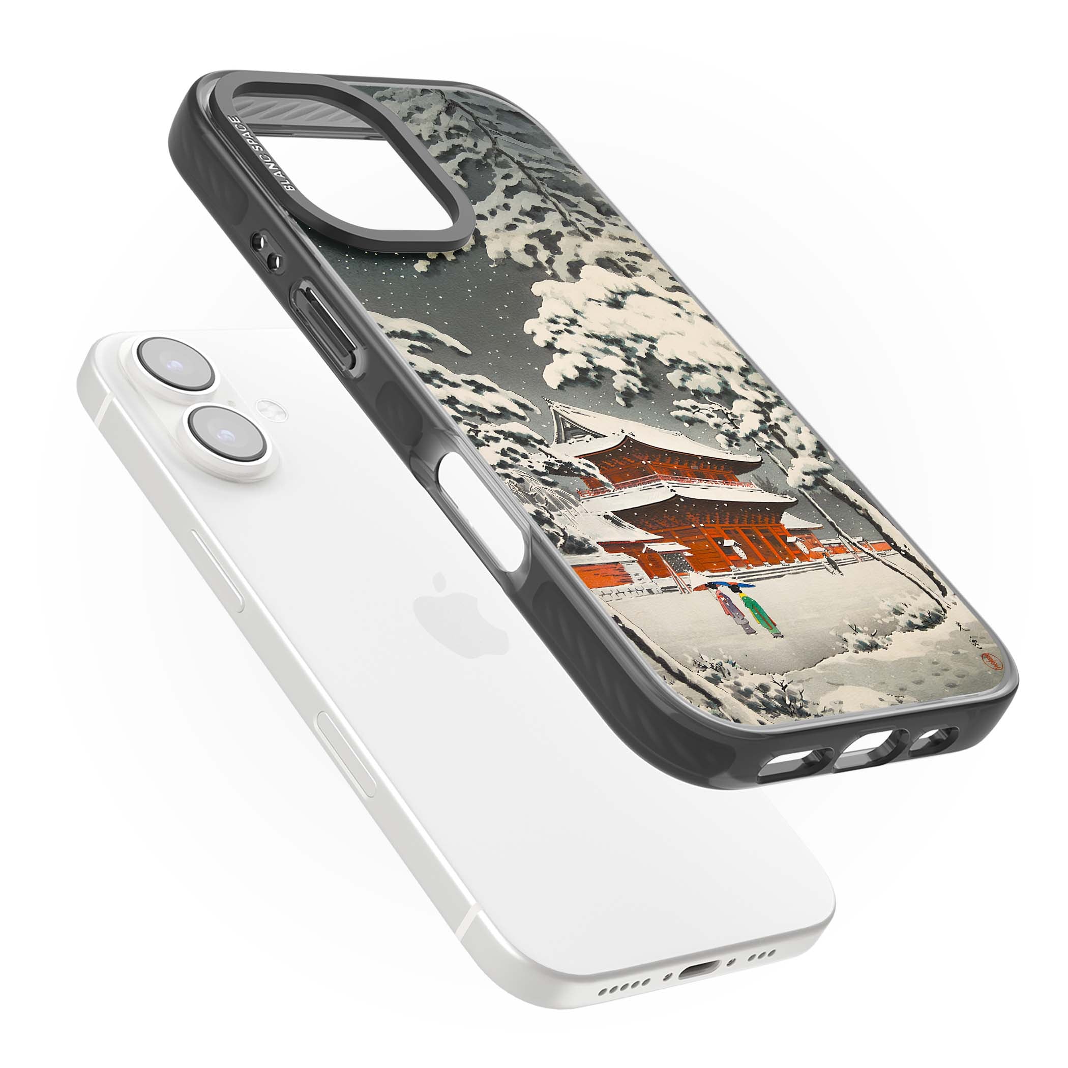 Snow at Shiha Park, Tokyo Japanese art iPhone case featuring a vintage ukiyo-e snowy temple, red pagoda, and snow-covered pin | Black Impact Magsafe case for iPhone 16, iPhone 16 Plus