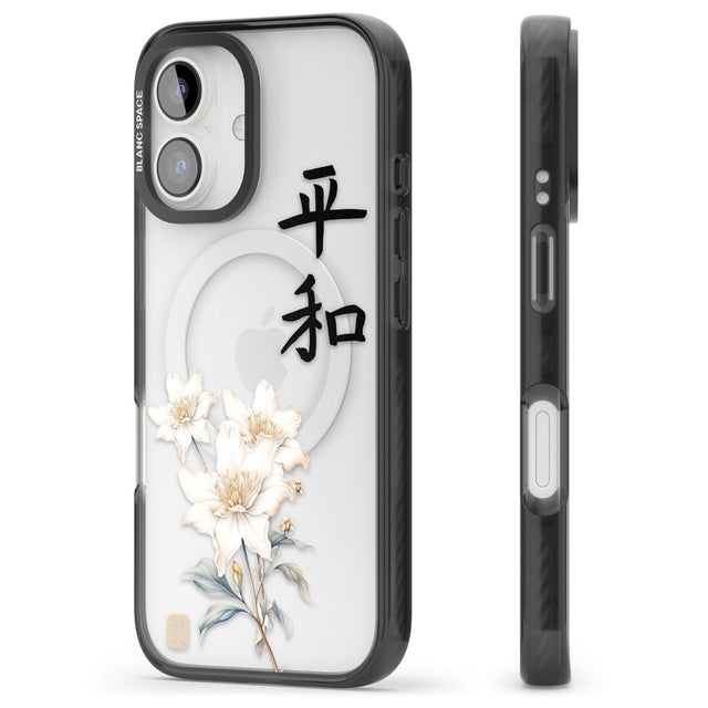 Peace and Flowers Black Impact Magsafe Phone Case for iPhone 16, iPhone 16 Plus