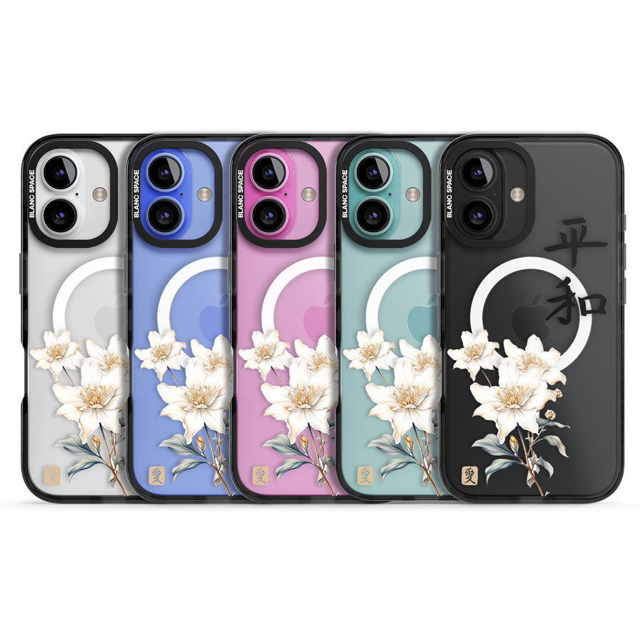 Peace and Flowers Black Impact Magsafe Phone Case for iPhone 16, iPhone 16 Plus