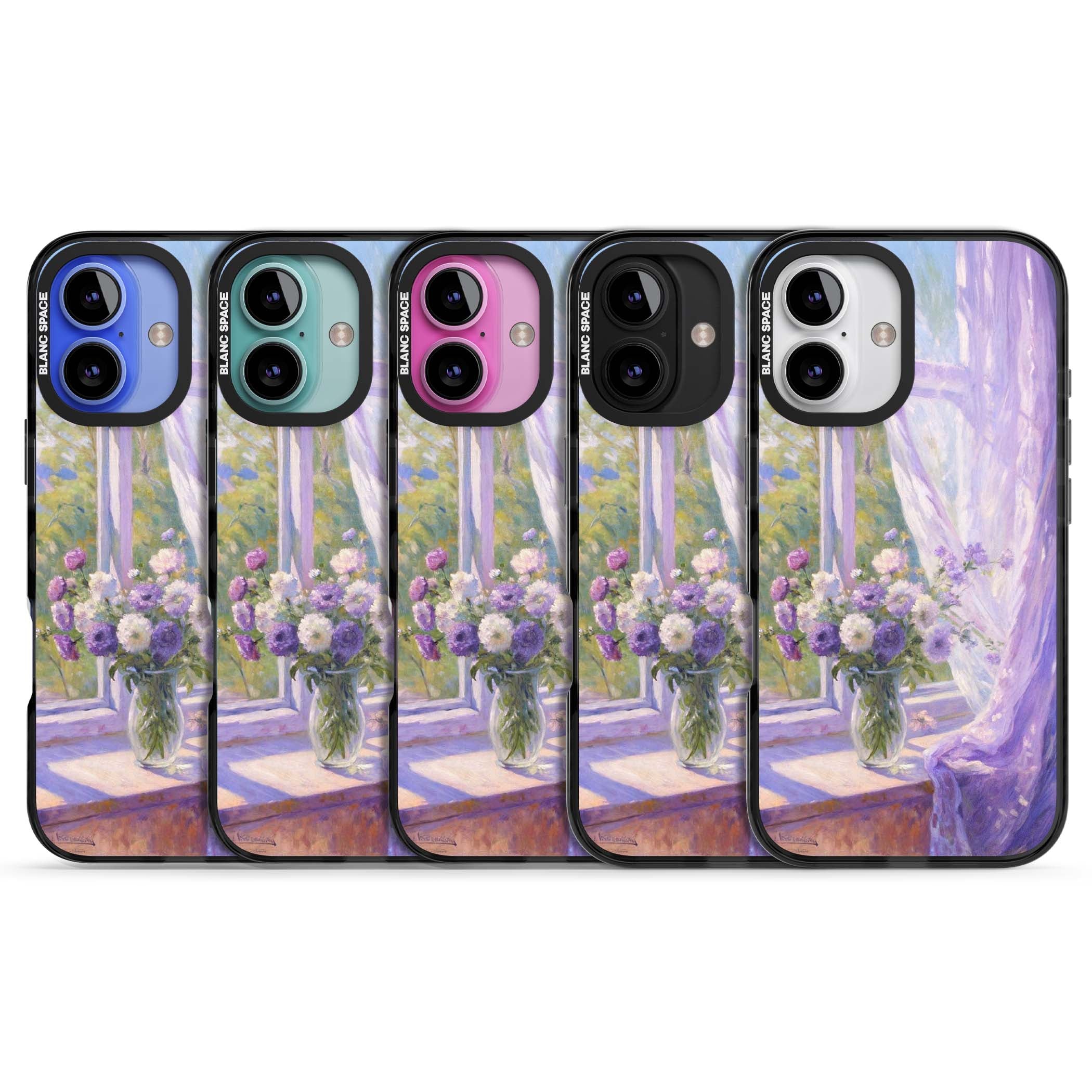 A Provence Morning impressionist art iPhone case featuring a vase of purple flowers, sunlit window and sheer curt | Black Impact Magsafe case for iPhone 16, iPhone 16 Plus