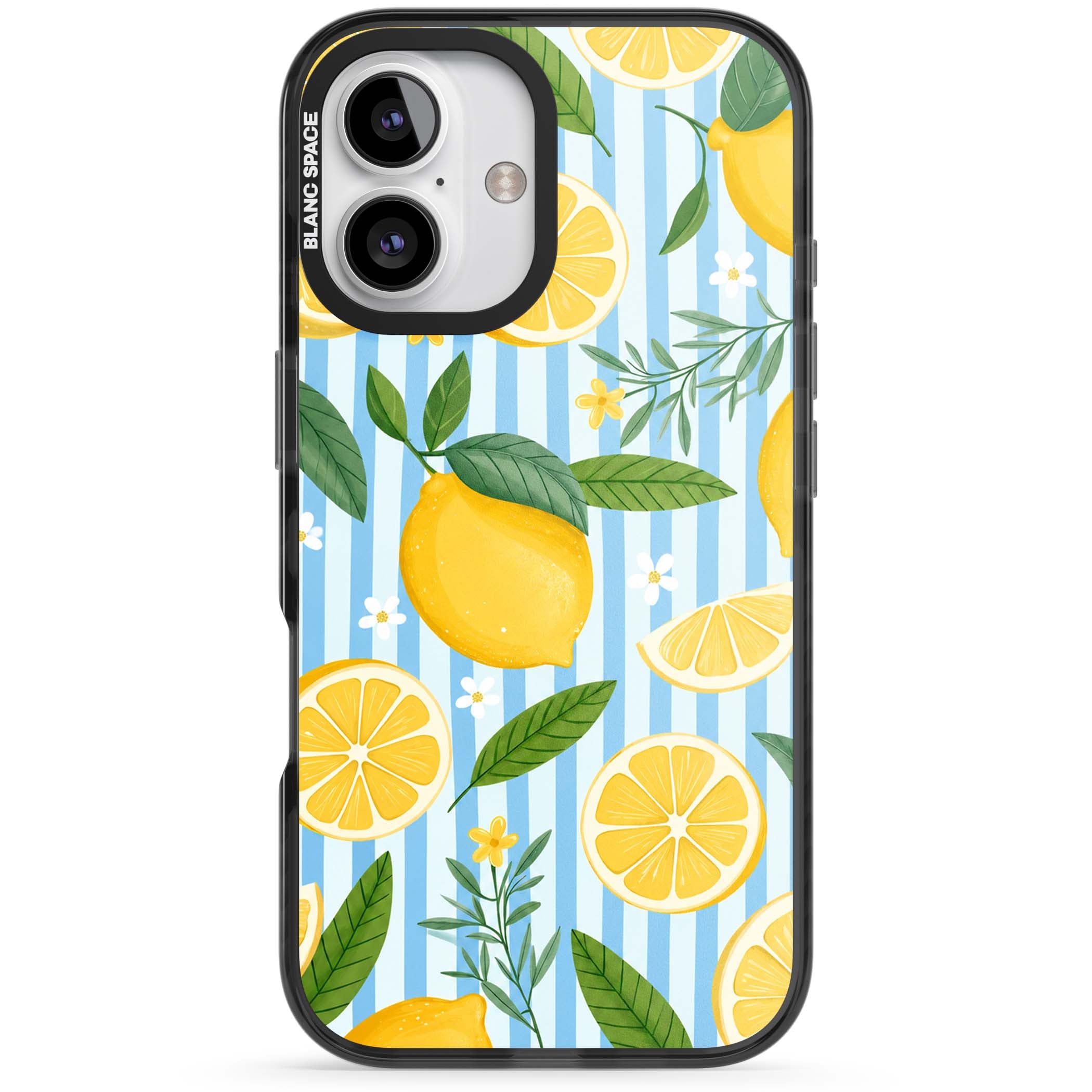 Capri Citrus Stripe coastal iPhone case featuring yellow lemons, blue stripes, and white daisy blossoms | Black Impact Magsafe case for iPhone 16, iPhone 16 Plus