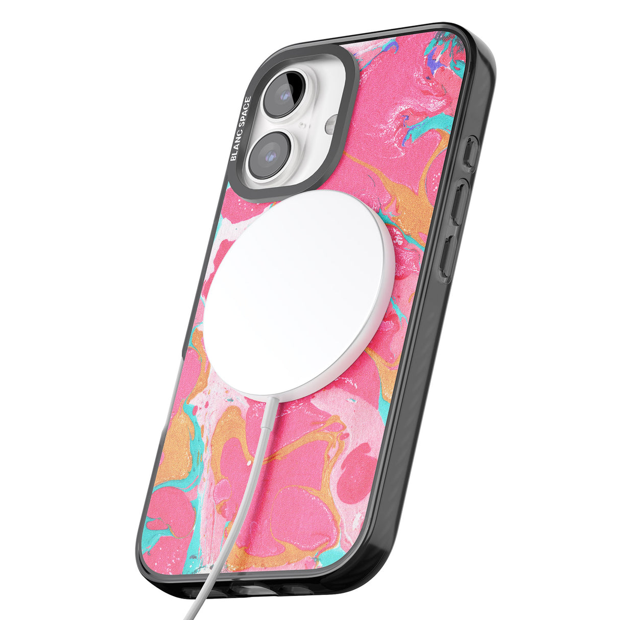 iPhone 16 Pro Max Pink, Orange & Turquoise Marbled Paper Pattern Black Impact Phone Case