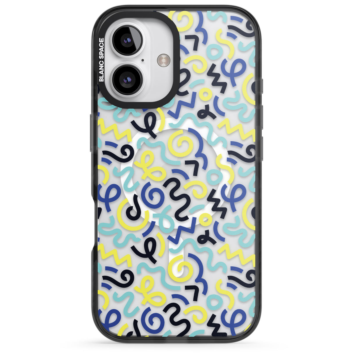 iPhone 16 Pro Max Blue & Yellow Shapes Memphis Retro Pattern Design Black Impact Phone Case