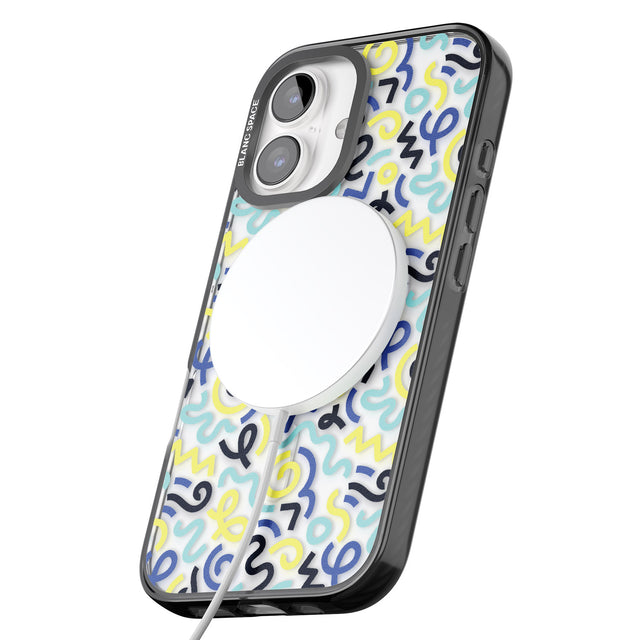 iPhone 16 Pro Max Blue & Yellow Shapes Memphis Retro Pattern Design Black Impact Phone Case