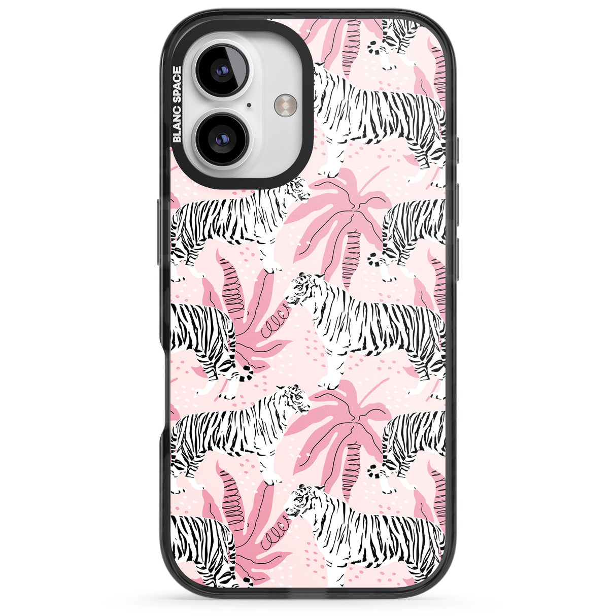 iPhone 16 Pro Max White Tigers on Pink Pattern Black Impact Phone Case