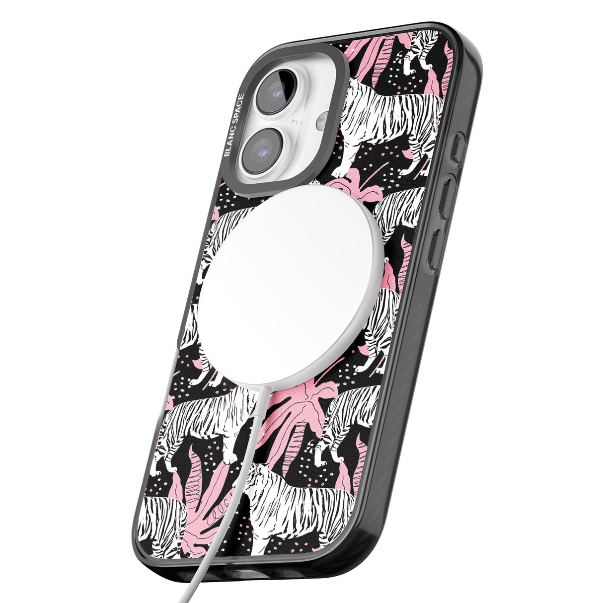 iPhone 16 Pro Max White Tigers on Black Pattern Black Impact Phone Case