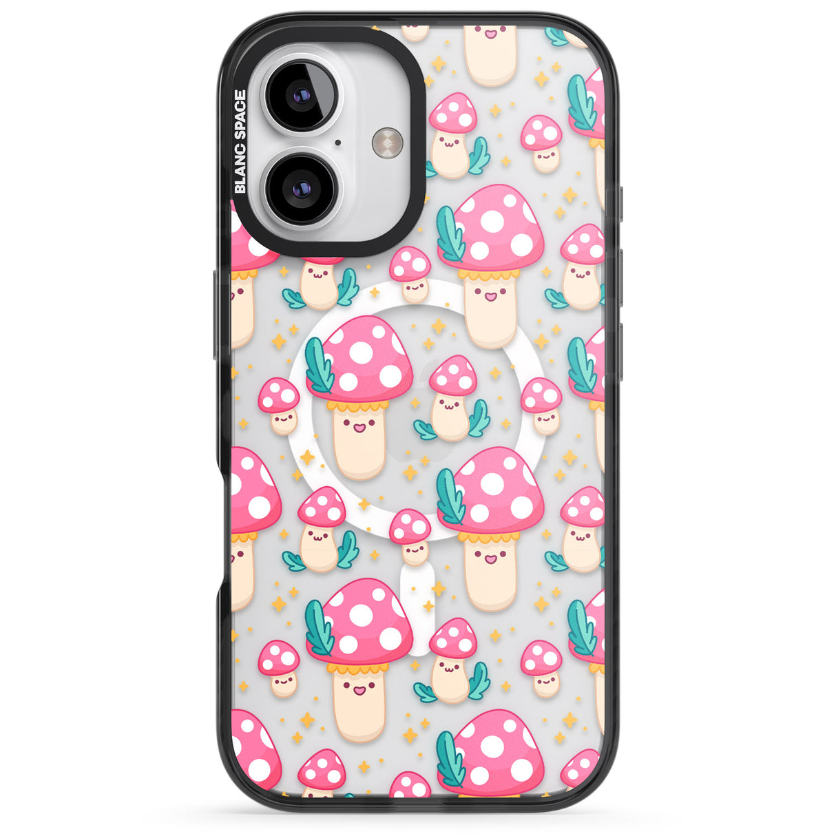 iPhone 16 Pro Max Cute Mushrooms Pattern Black Impact Phone Case