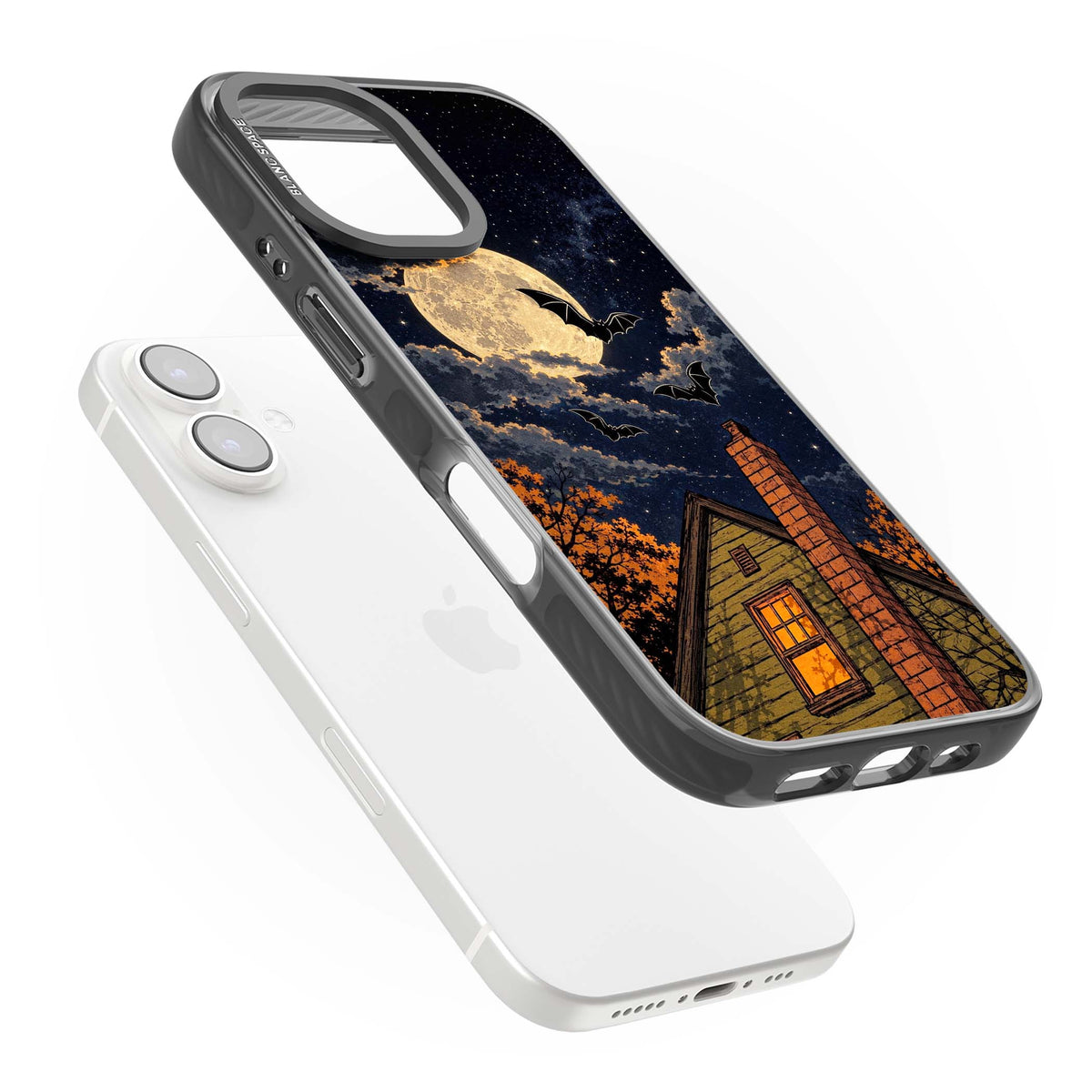 Hollows Eve Halloween iPhone case featuring a haunted house, full moon and flying bats against a starry autumn sky | Black Impact Magsafe case for iPhone 16, iPhone 16 Plus