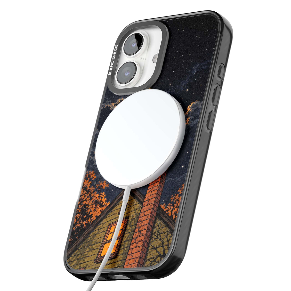 Hollows Eve Halloween iPhone case featuring a haunted house, full moon and flying bats against a starry autumn sky | Black Impact Magsafe case for iPhone 16, iPhone 16 Plus