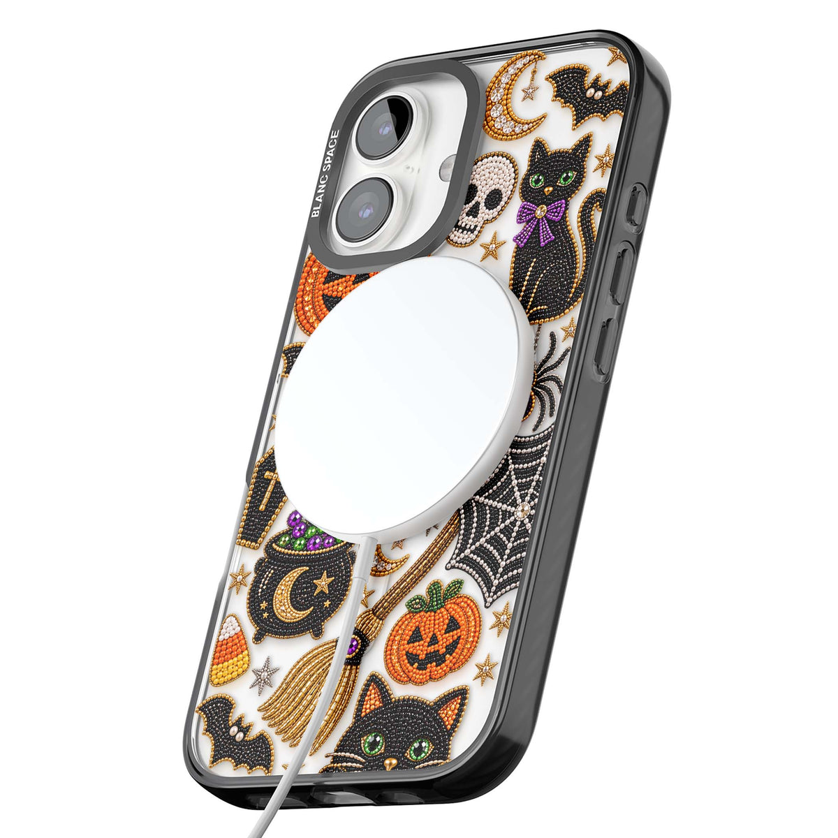 Beaded Halloween Halloween iPhone case featuring beaded pumpkins, ghosts, black cats and bats | Black Impact Magsafe case for iPhone 16, iPhone 16 Plus