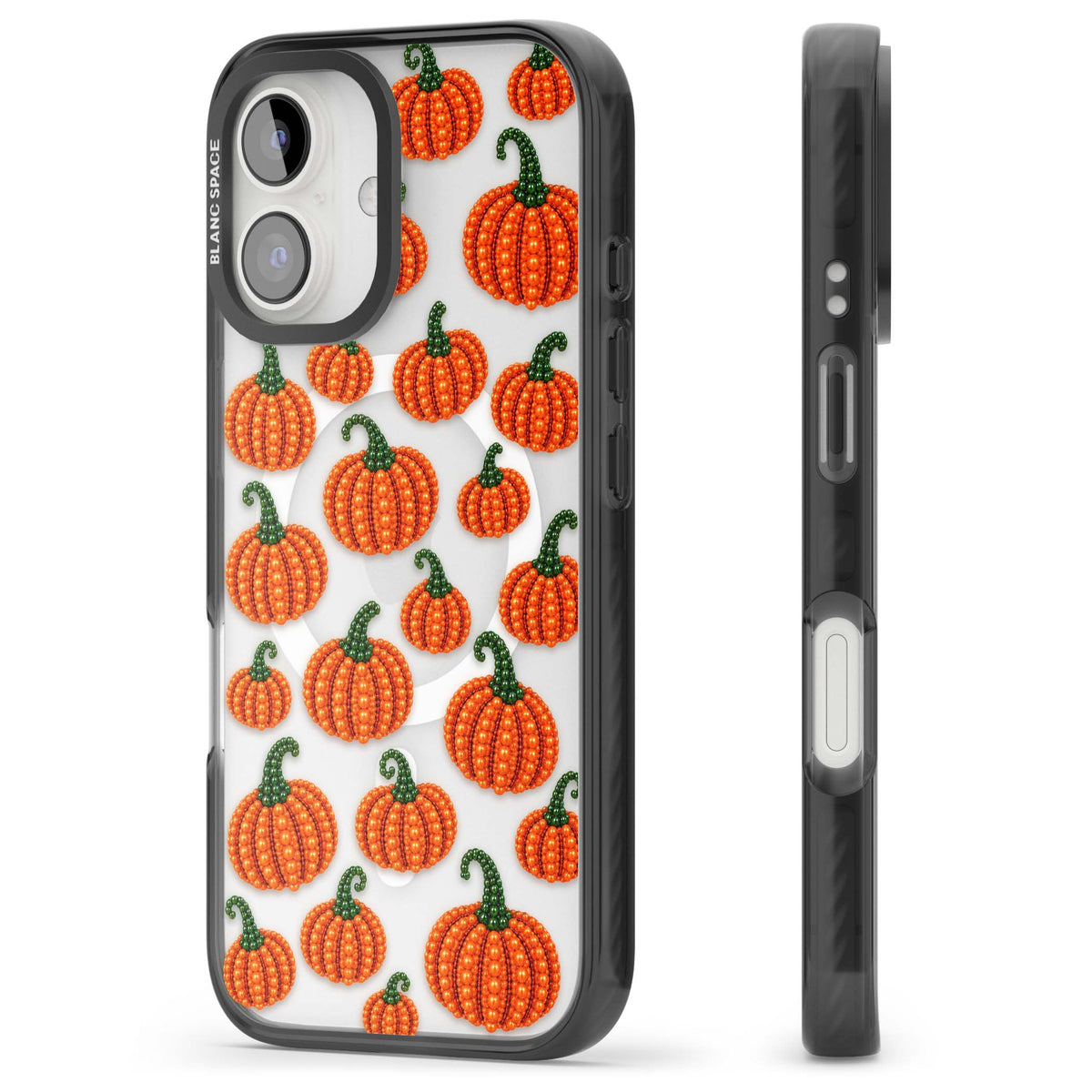 Beaded Pumpkins halloween iPhone case featuring beaded orange pumpkins with green stems on a clear background | Black Impact Magsafe case for iPhone 16, iPhone 16 Plus