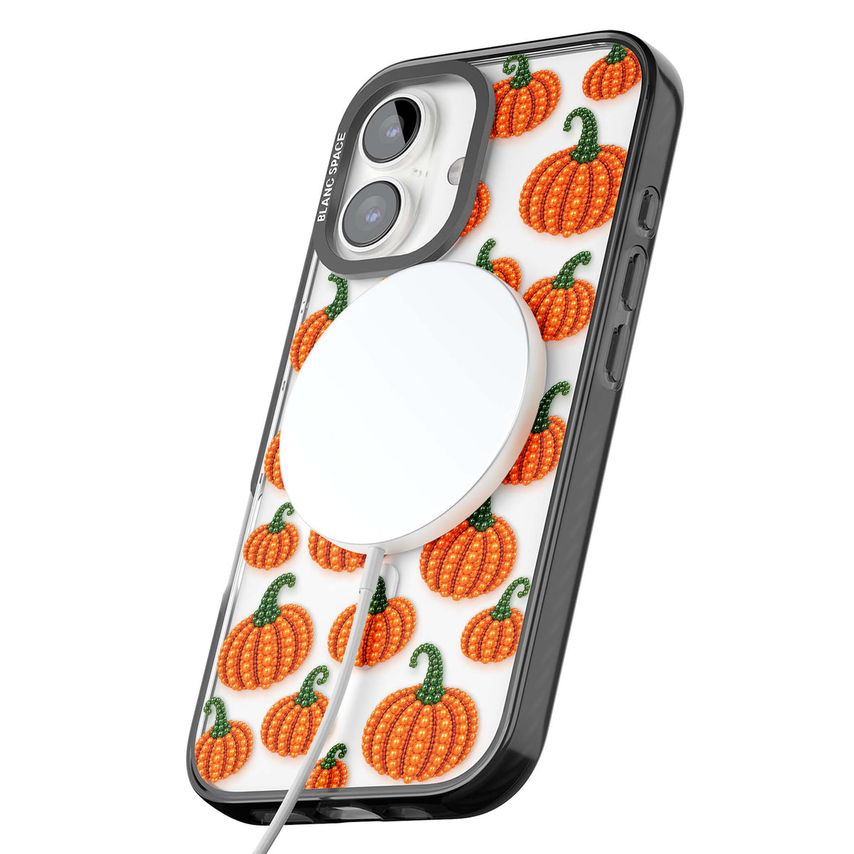 Beaded Pumpkins halloween iPhone case featuring beaded orange pumpkins with green stems on a clear background | Black Impact Magsafe case for iPhone 16, iPhone 16 Plus