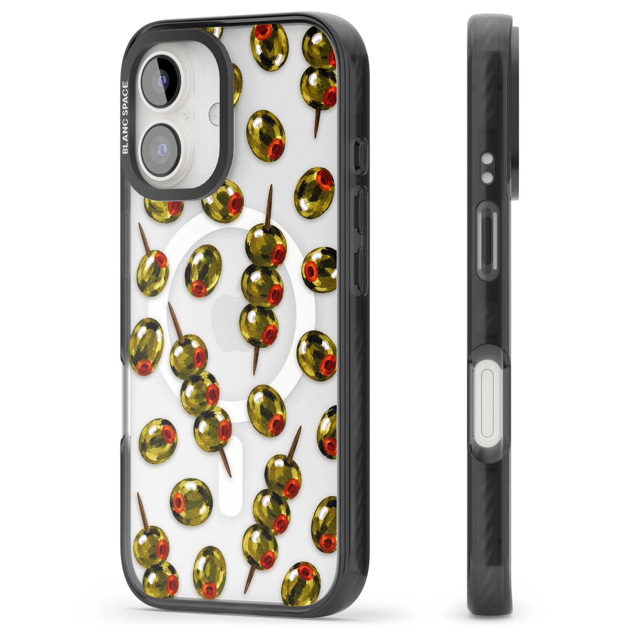 Painted Olives cocktail iPhone case featuring green olives, pimento centres and toothpick skewers on a clear background | Black Impact Magsafe case for iPhone 16, iPhone 16 Plus