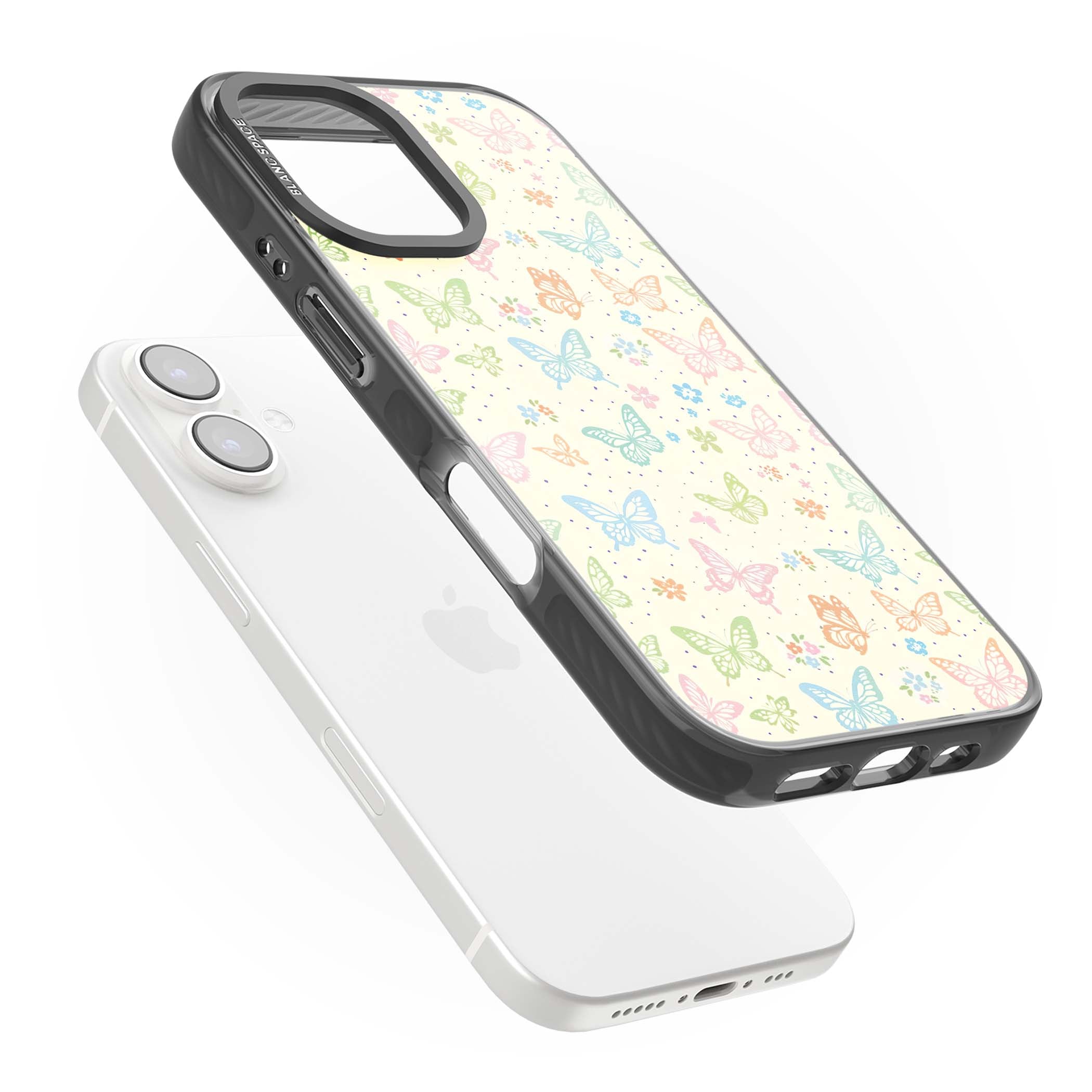 Sugar Wings cottagecore iPhone case featuring rainbow pastel butterflies, tiny wildflowers, and a cream background | Black Impact Magsafe case for iPhone 16, iPhone 16 Plus