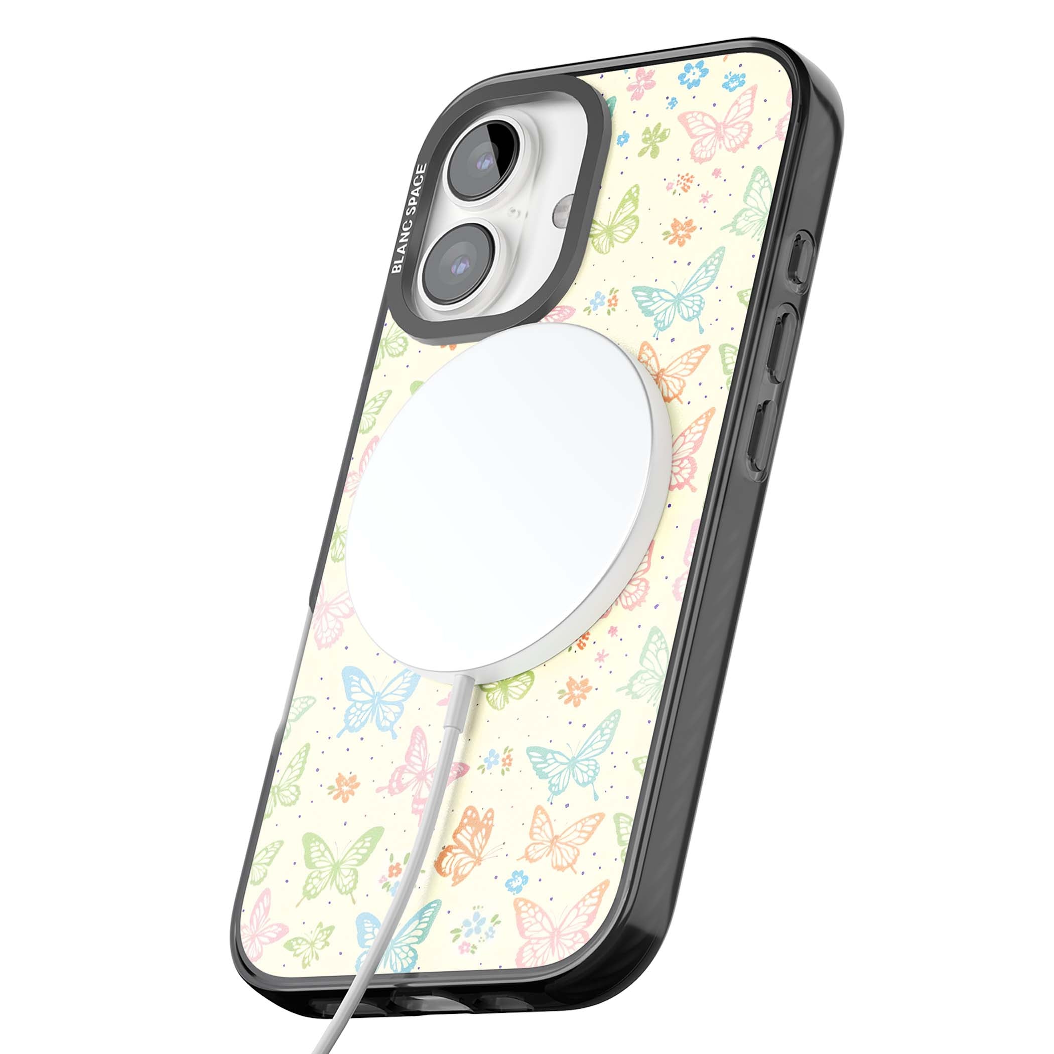 Sugar Wings cottagecore iPhone case featuring rainbow pastel butterflies, tiny wildflowers, and a cream background | Black Impact Magsafe case for iPhone 16, iPhone 16 Plus