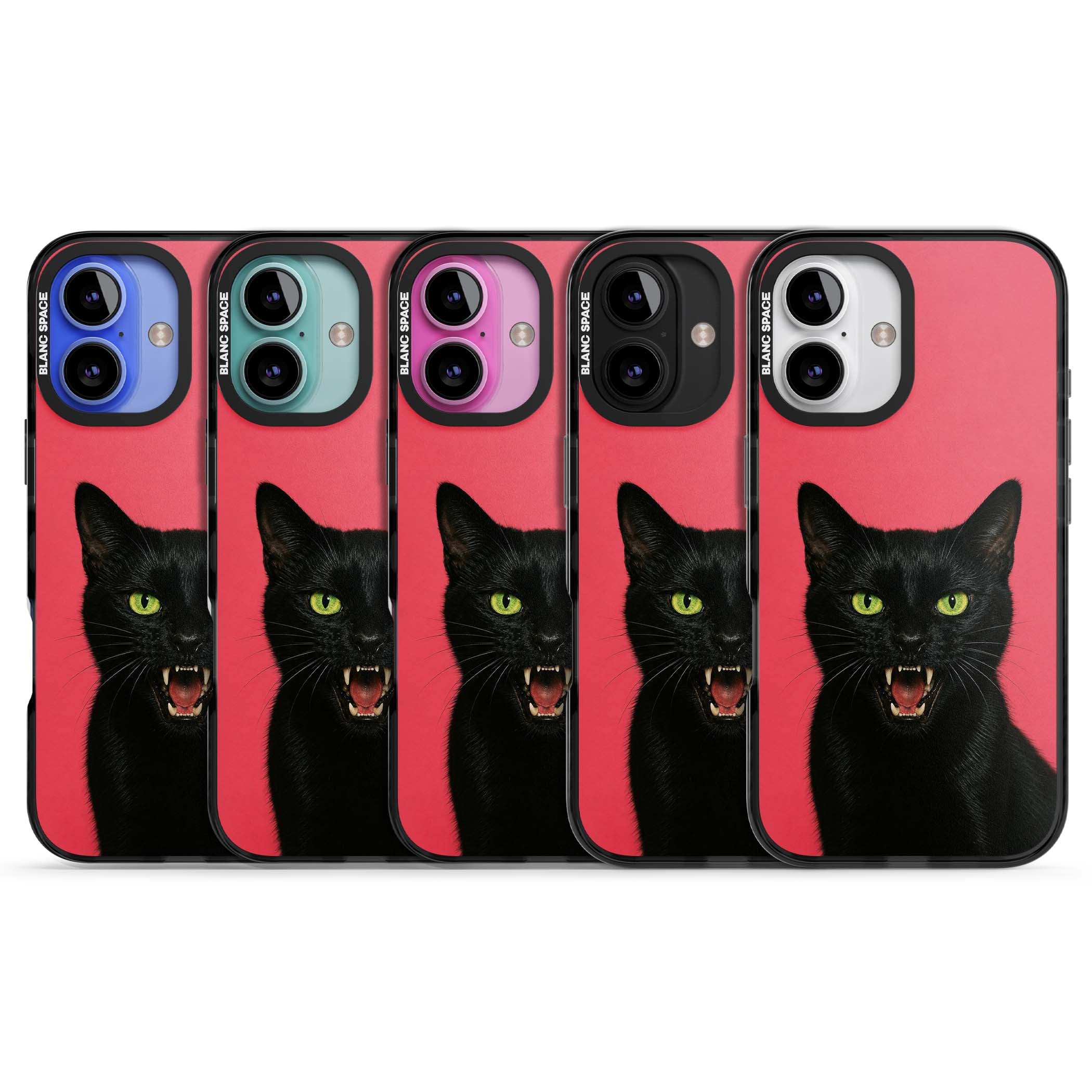 Hissin' Baddie black cat iPhone case featuring a hissing feline with green eyes on a hot pink background | Black Impact Magsafe case for iPhone 16, iPhone 16 Plus