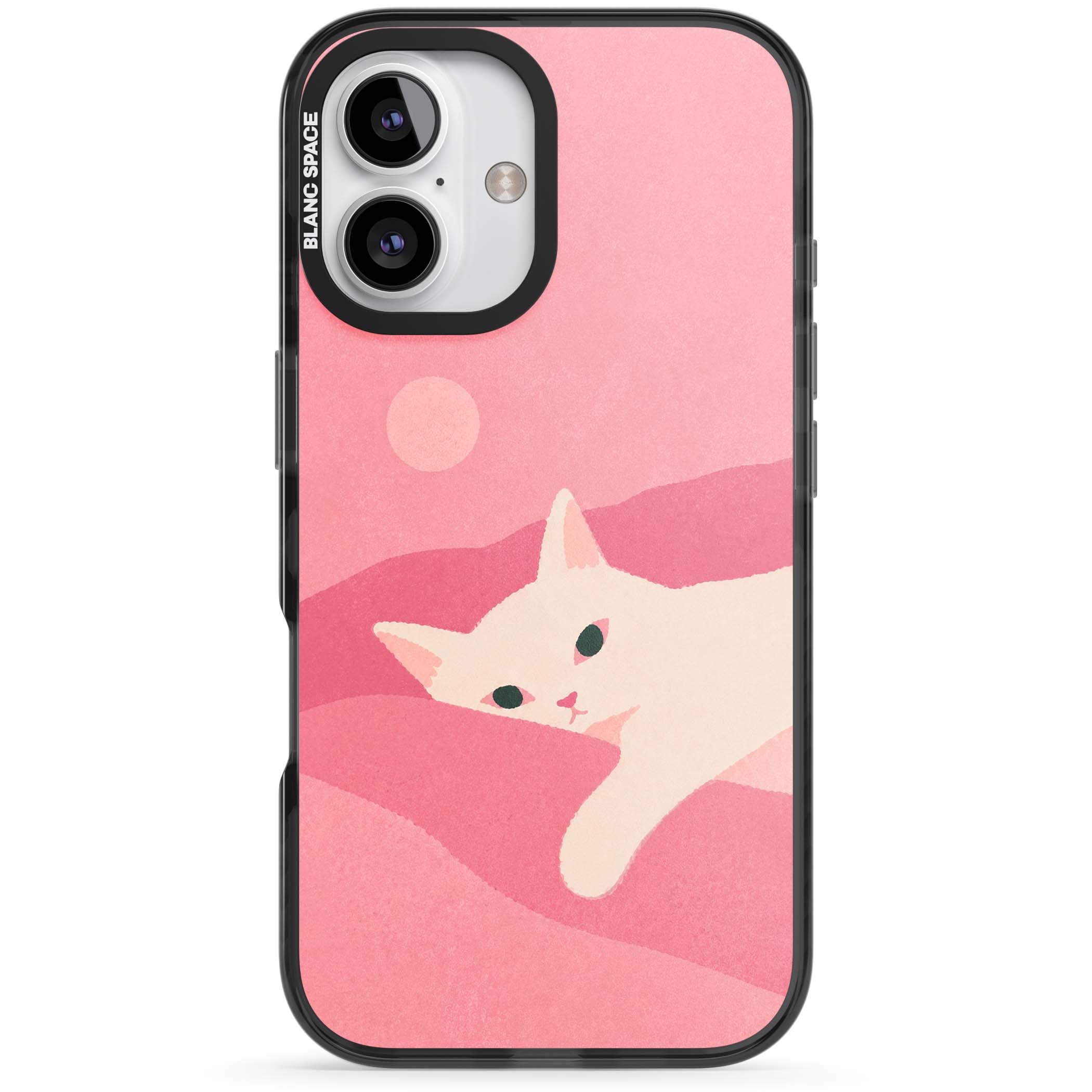 Pink Dreams cute cat iPhone case featuring a white kitten, soft pink hills and a pale pastel sun | Black Impact Magsafe case for iPhone 16, iPhone 16 Plus