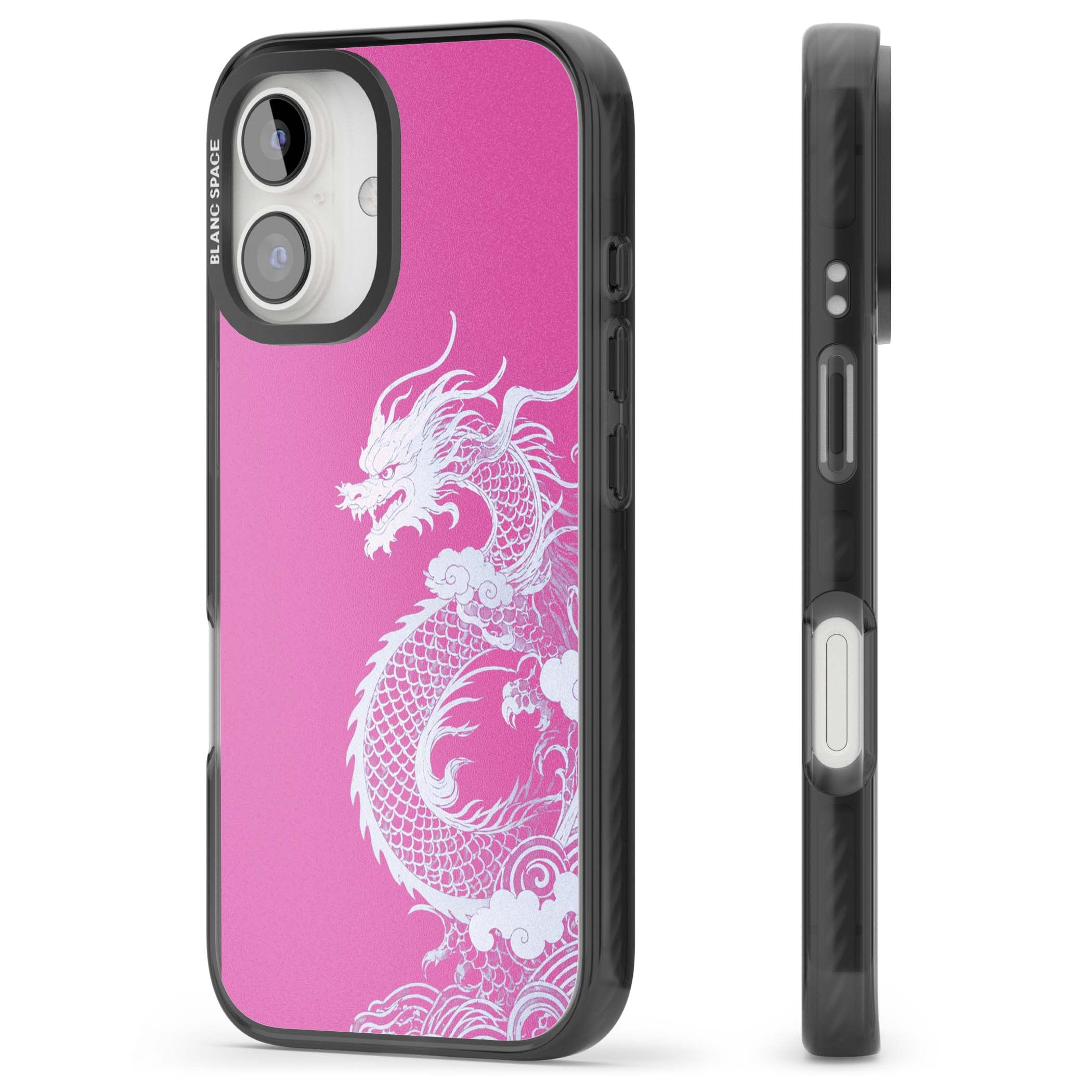 Pink Empress chinese dragon iPhone case featuring a white dragon, swirling clouds and pink dragon wallpaper backdrop | Black Impact Magsafe case for iPhone 16, iPhone 16 Plus