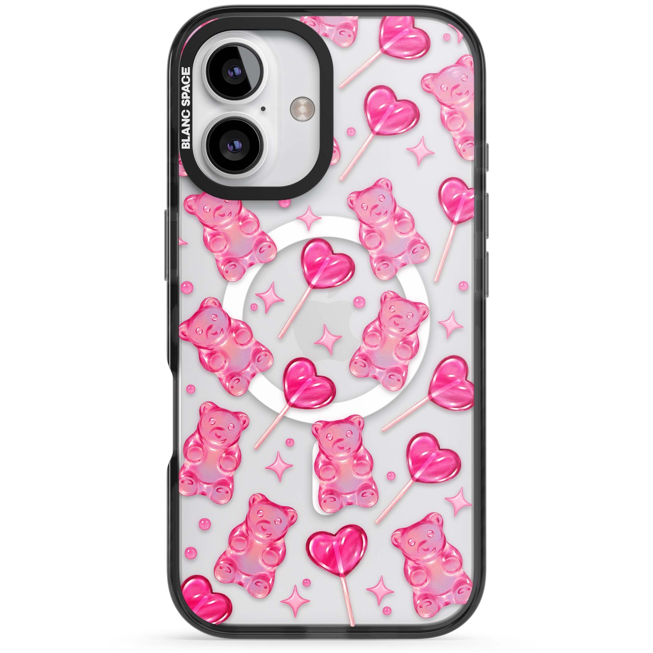 Pink Sugar pinkcore iPhone case featuring pink gummy bears, heart-shaped lollipops and sparkle stars | Black Impact Magsafe case for iPhone 16, iPhone 16 Plus