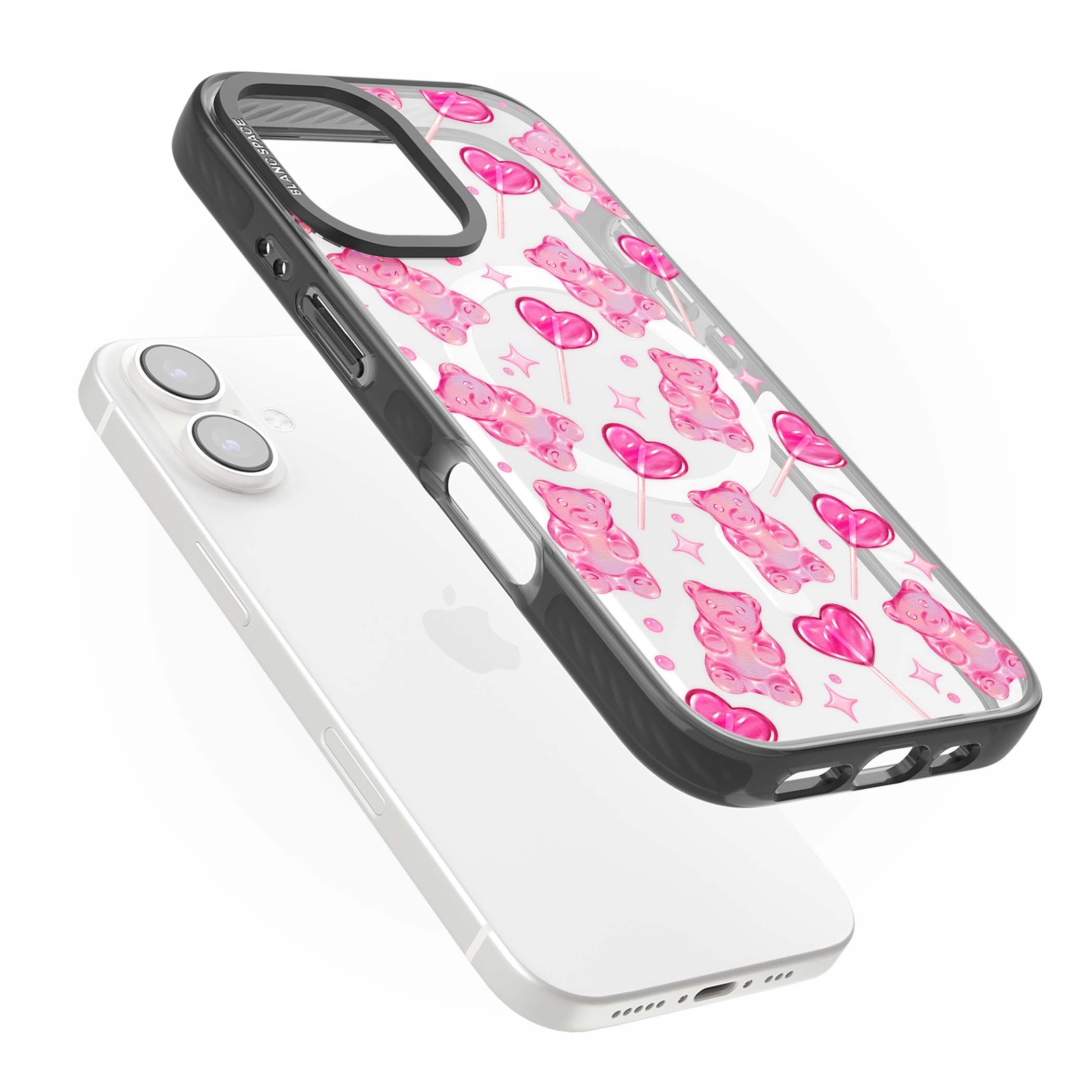 Pink Sugar pinkcore iPhone case featuring pink gummy bears, heart-shaped lollipops and sparkle stars | Black Impact Magsafe case for iPhone 16, iPhone 16 Plus