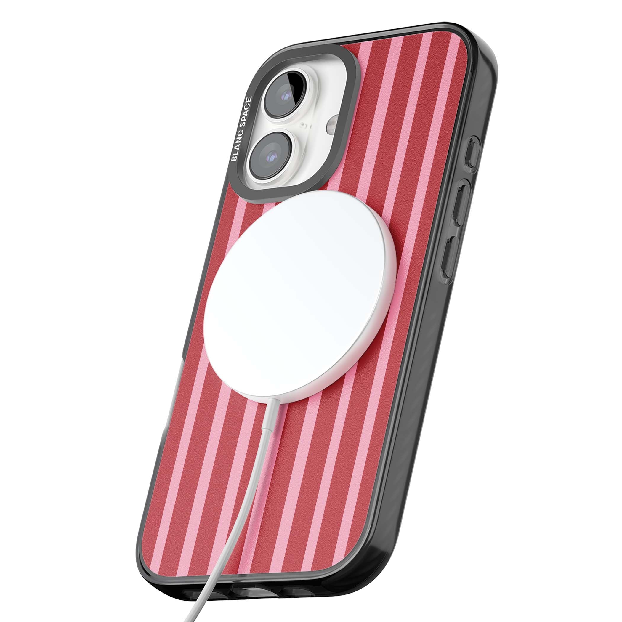 Raspberry Stripe coquette iPhone case featuring red and pink vertical stripes in a candy-inspired pattern | Black Impact Magsafe case for iPhone 16, iPhone 16 Plus