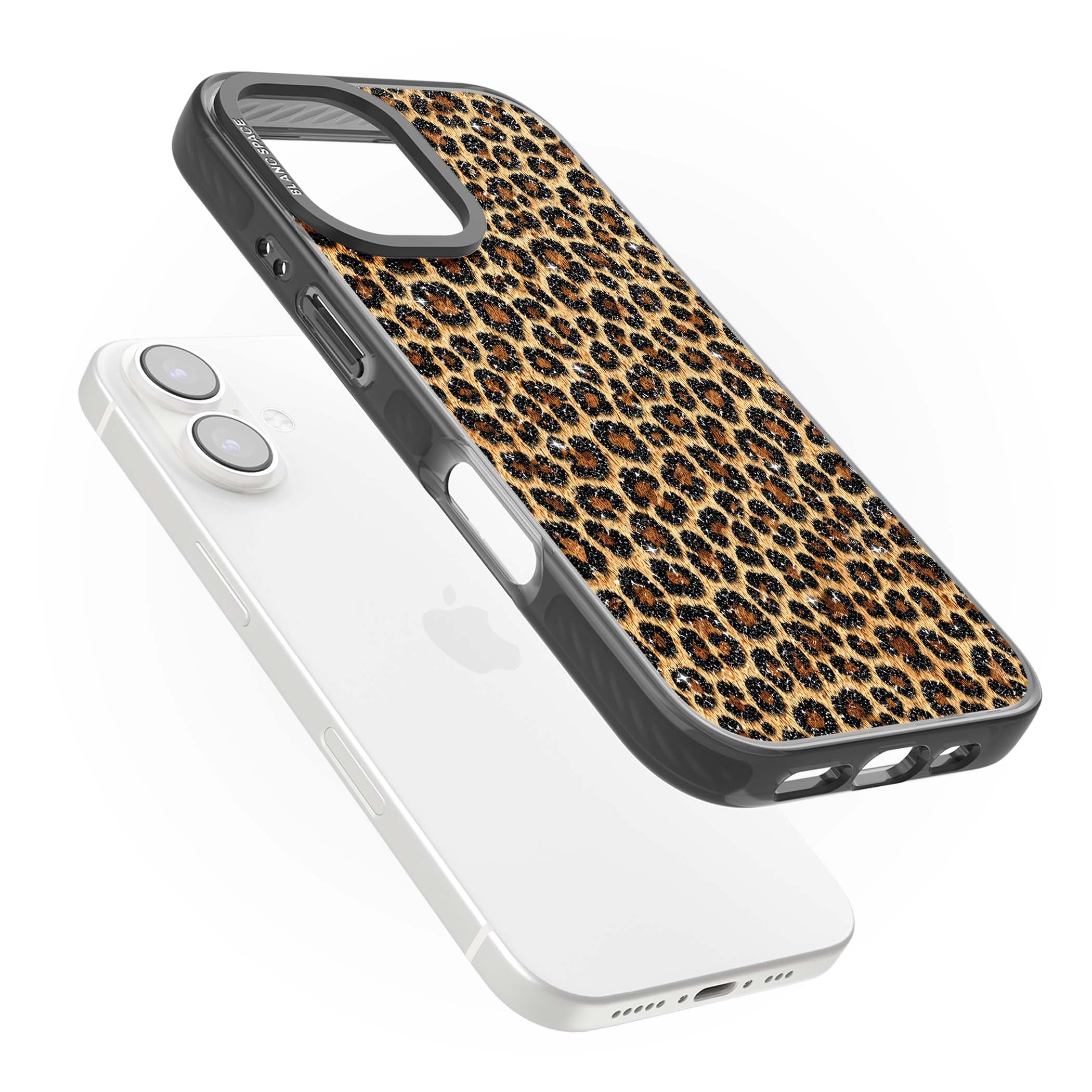 Diamond Leopard leopard print iPhone case featuring golden tan fur, black rosette spots and subtle glitter sparkle | Black Impact Magsafe case for iPhone 16, iPhone 16 Plus