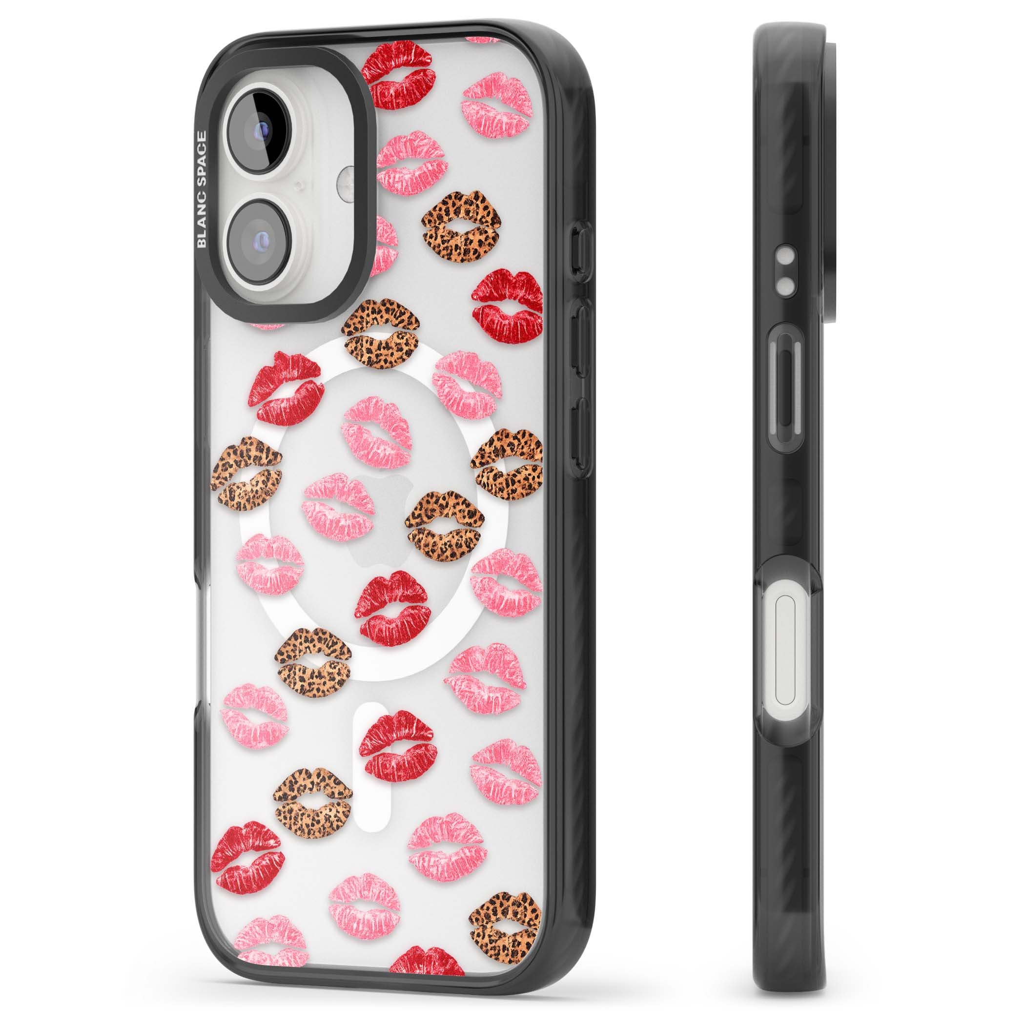 Wild Kisses coquette iPhone case featuring red, pink and leopard print lipstick kiss marks on a clear background | Black Impact Magsafe case for iPhone 16, iPhone 16 Plus