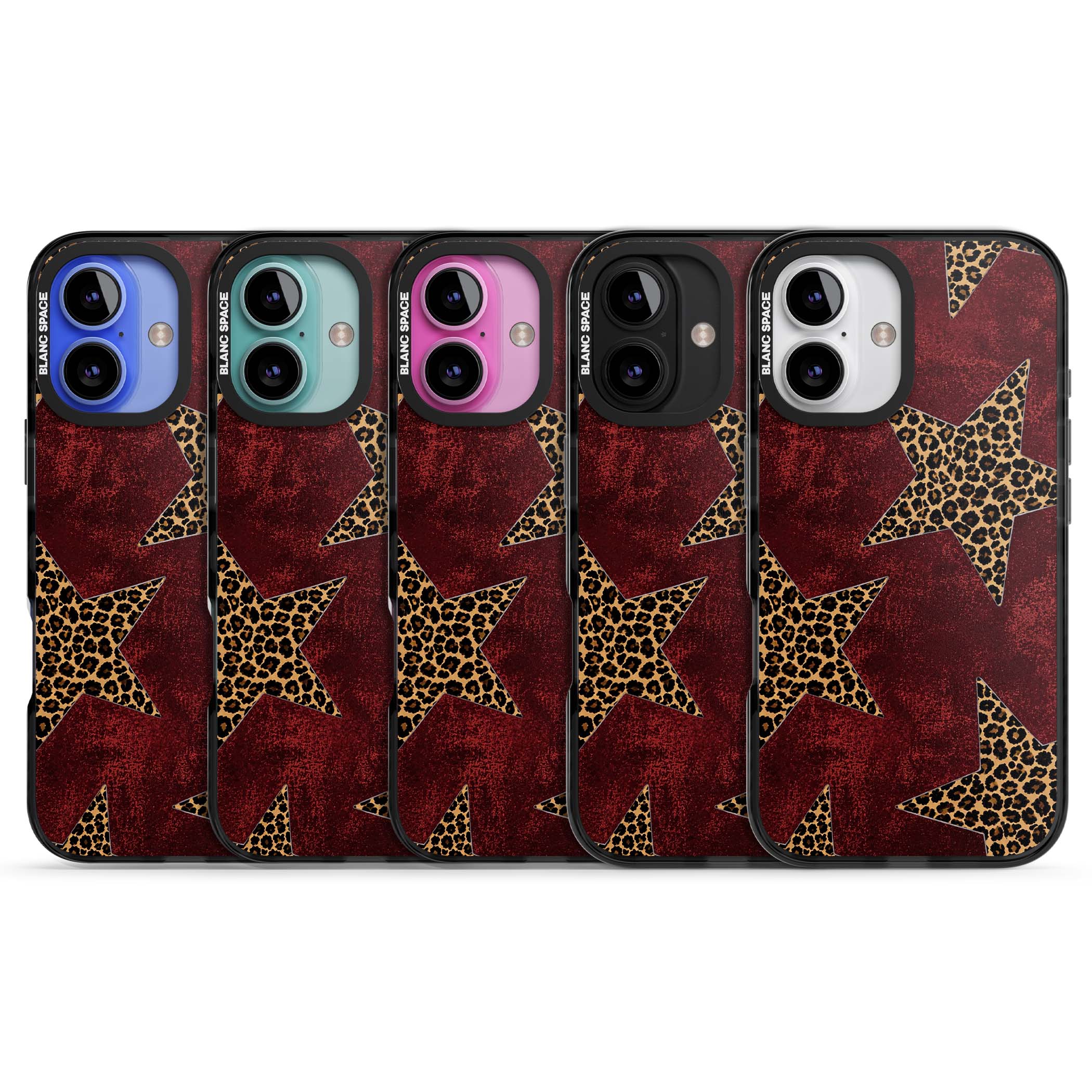 Showgirl leopard print iPhone case featuring cheetah print stars on distressed red grunge background | Black Impact Magsafe case for iPhone 16, iPhone 16 Plus