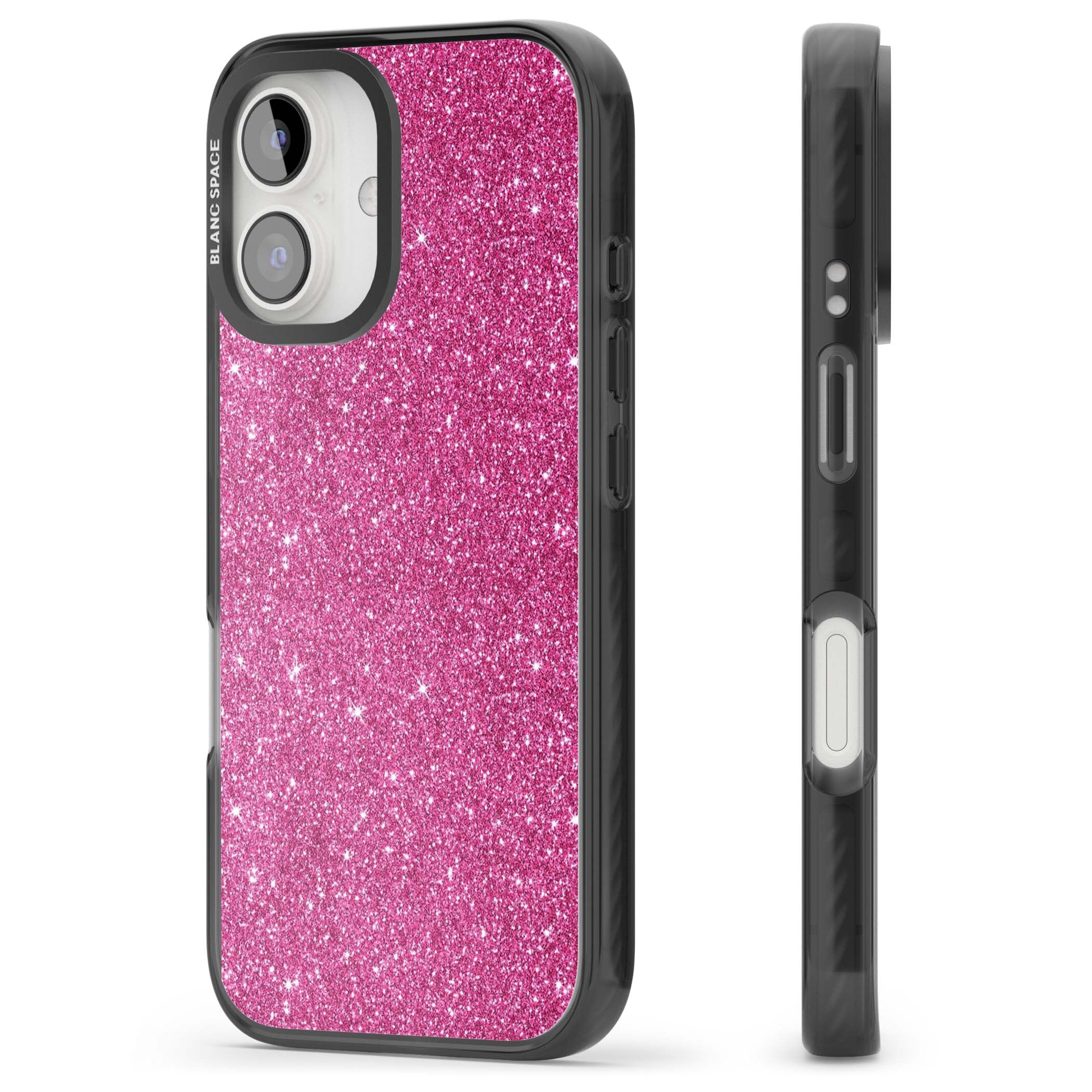 Pink Glitter Y2K iPhone case featuring hot pink glitter wallpaper with sparkle shimmer effect | Black Impact Magsafe case for iPhone 16, iPhone 16 Plus