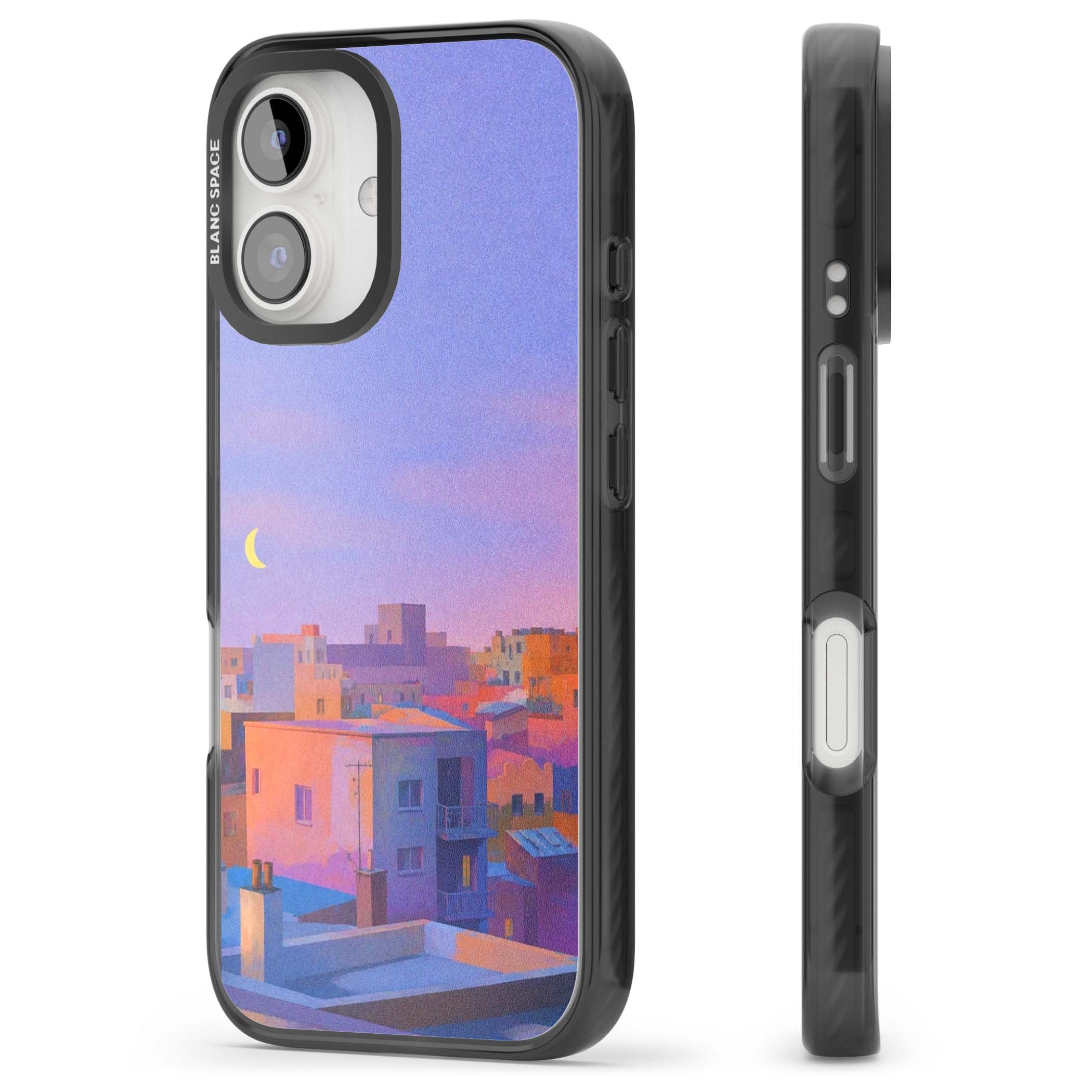 Twilight Rooftops vaporwave iPhone case featuring a pastel sunset cityscape, painted rooftops and a crescent moon. | Black Impact Magsafe case for iPhone 16, iPhone 16 Plus