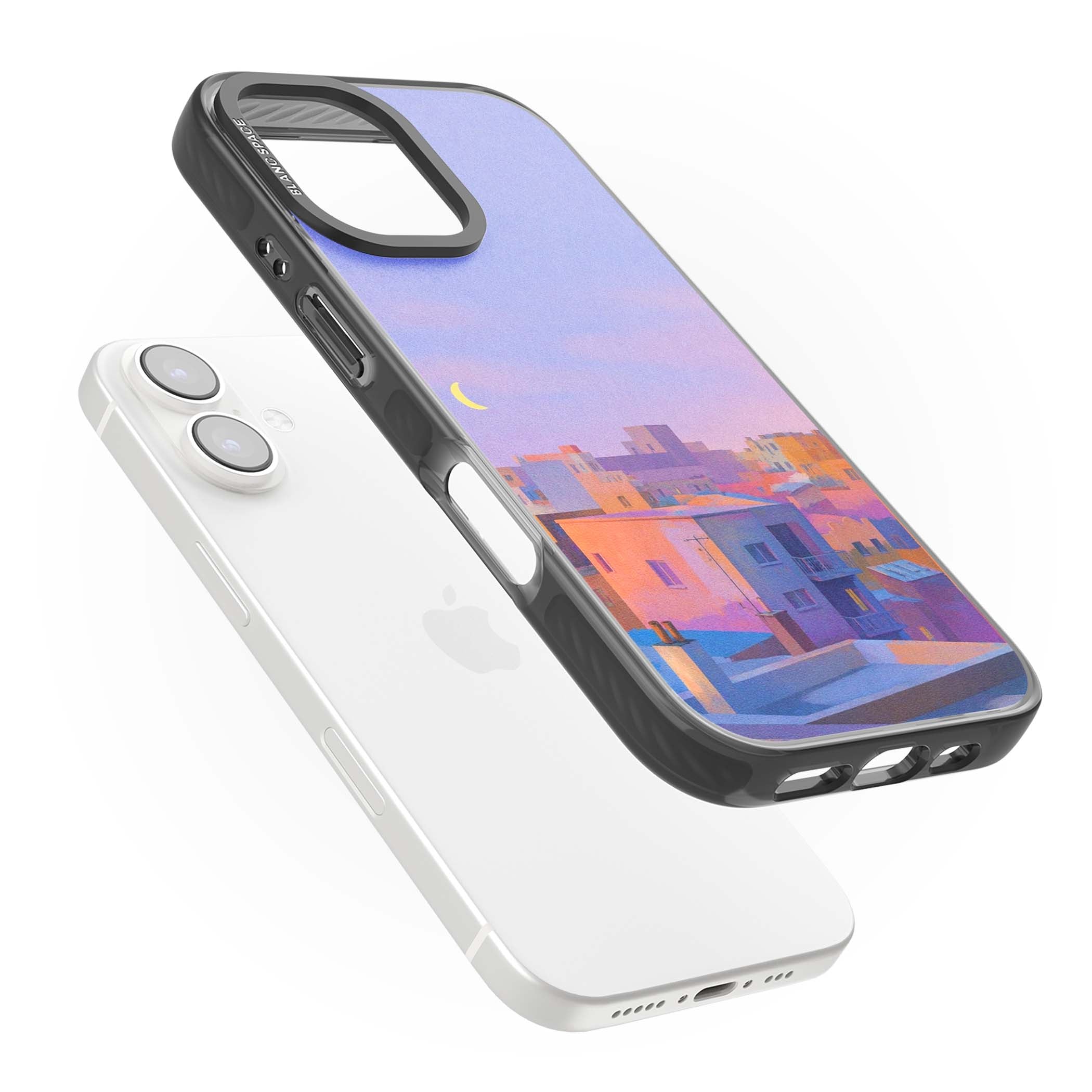 Twilight Rooftops vaporwave iPhone case featuring a pastel sunset cityscape, painted rooftops and a crescent moon. | Black Impact Magsafe case for iPhone 16, iPhone 16 Plus