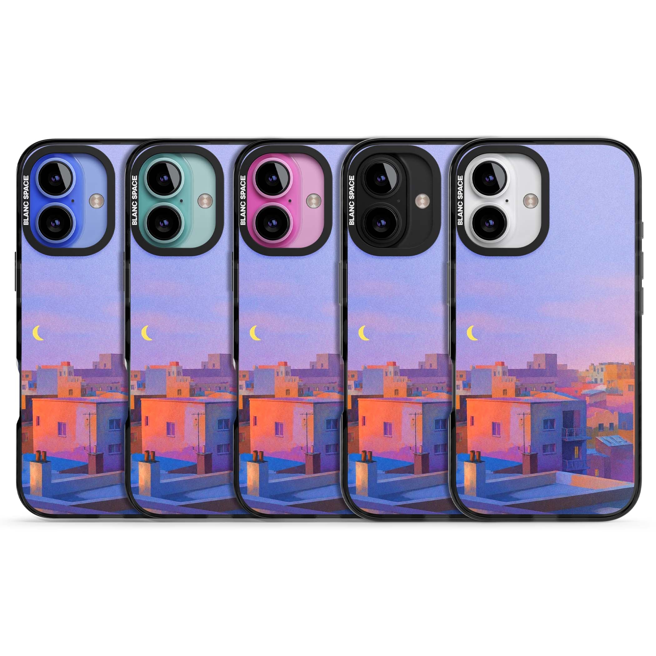 Twilight Rooftops vaporwave iPhone case featuring a pastel sunset cityscape, painted rooftops and a crescent moon. | Black Impact Magsafe case for iPhone 16, iPhone 16 Plus