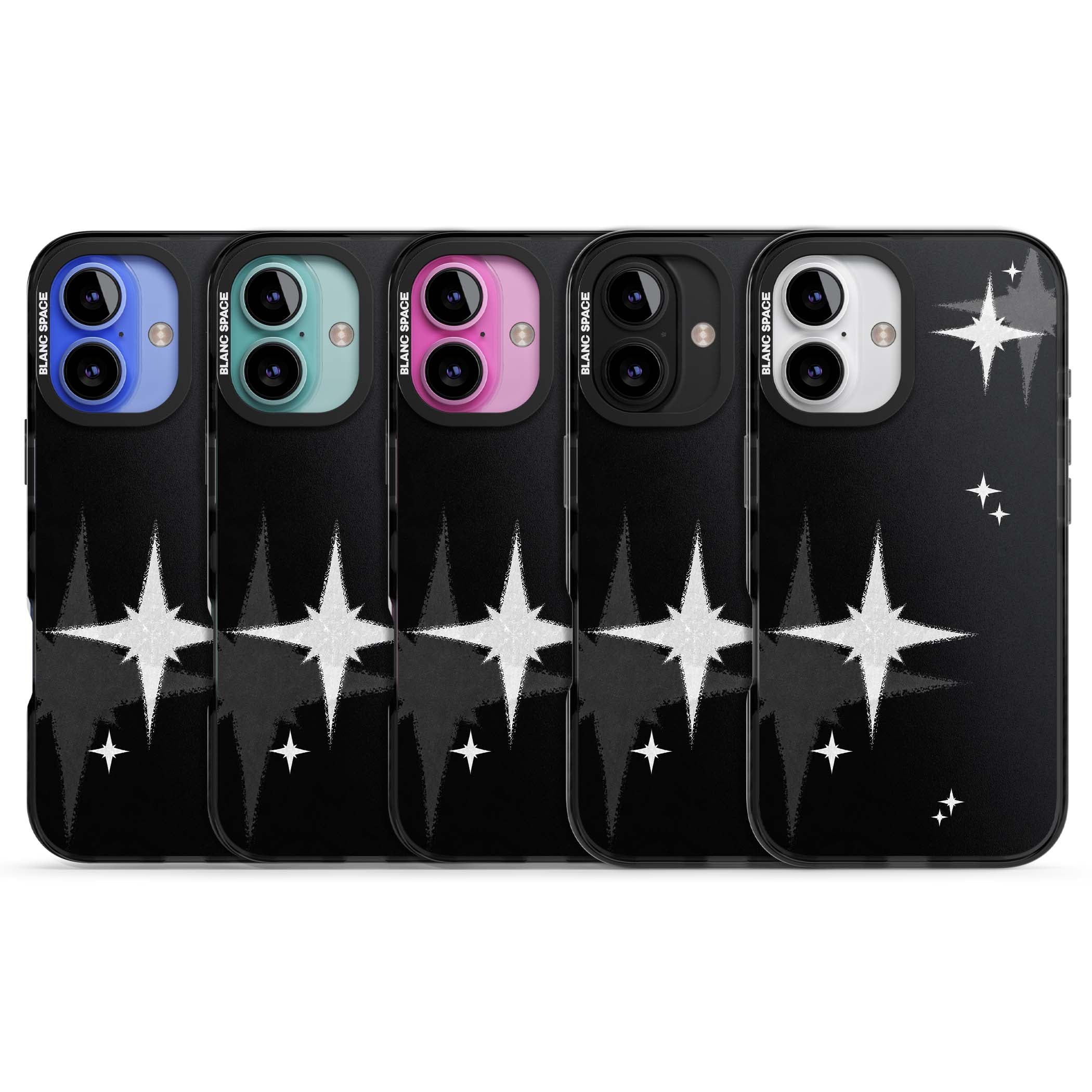 Black Sparkle celestial iPhone case featuring white sparkle stars on a black night sky background | Black Impact Magsafe case for iPhone 16, iPhone 16 Plus