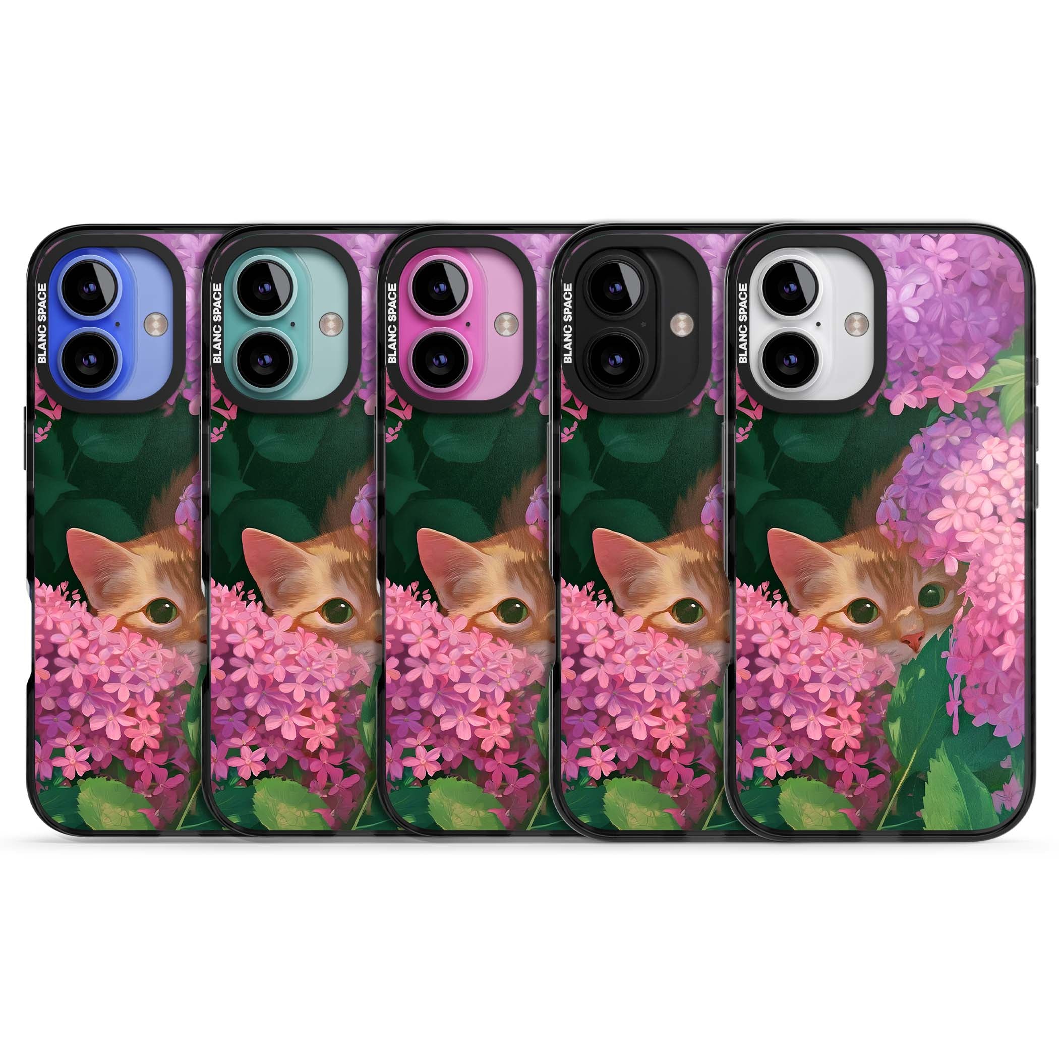 Cat In Pink Flowers cottagecore iPhone case featuring a ginger kitten peeking through lilac and pink hydrangea flo | Black Impact Magsafe case for iPhone 16, iPhone 16 Plus