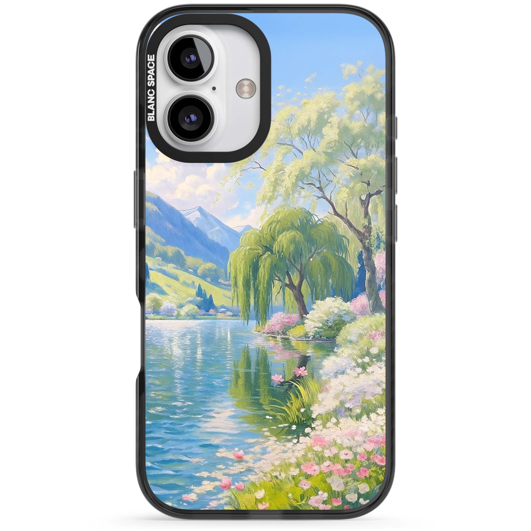 Willow Lake cottagecore iPhone case featuring a painted lakeside with weeping willow, blossoms and distant mountains | Black Impact Magsafe case for iPhone 16, iPhone 16 Plus