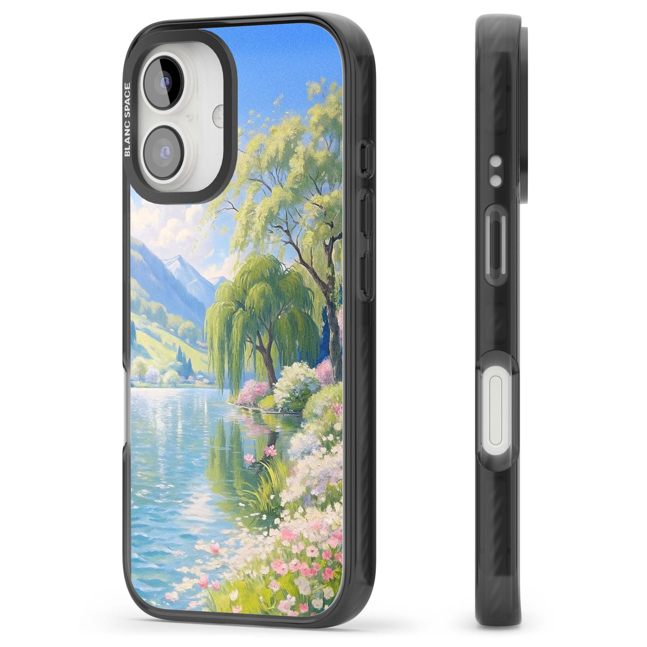 Willow Lake cottagecore iPhone case featuring a painted lakeside with weeping willow, blossoms and distant mountains | Black Impact Magsafe case for iPhone 16, iPhone 16 Plus