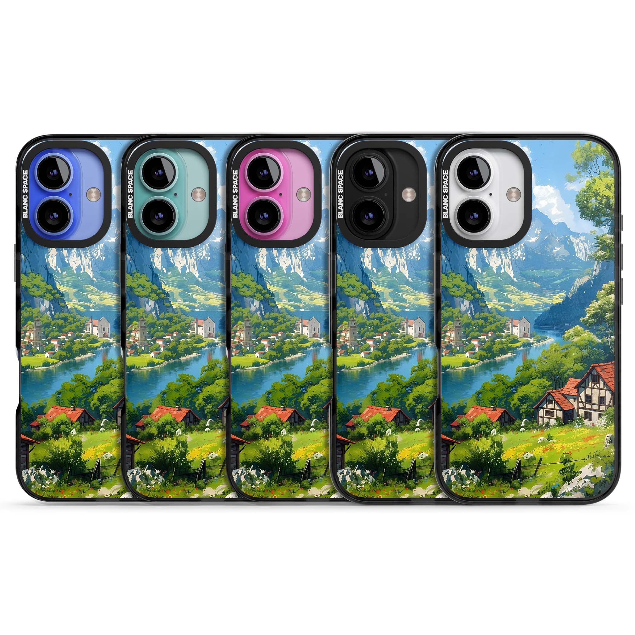 Village In The Valley anime iPhone case featuring a painted mountain village, river valley and half-timbered cottages. | Black Impact Magsafe case for iPhone 16, iPhone 16 Plus