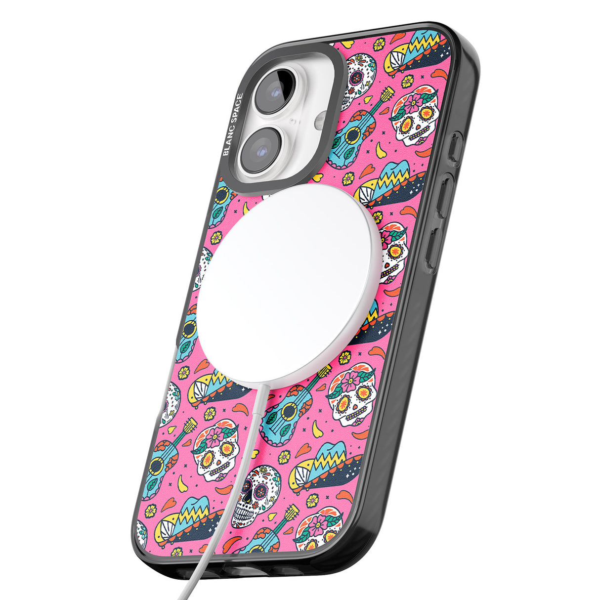 iPhone 16 Pro Max Pink Day of The Dead Pattern Black Impact Phone Case