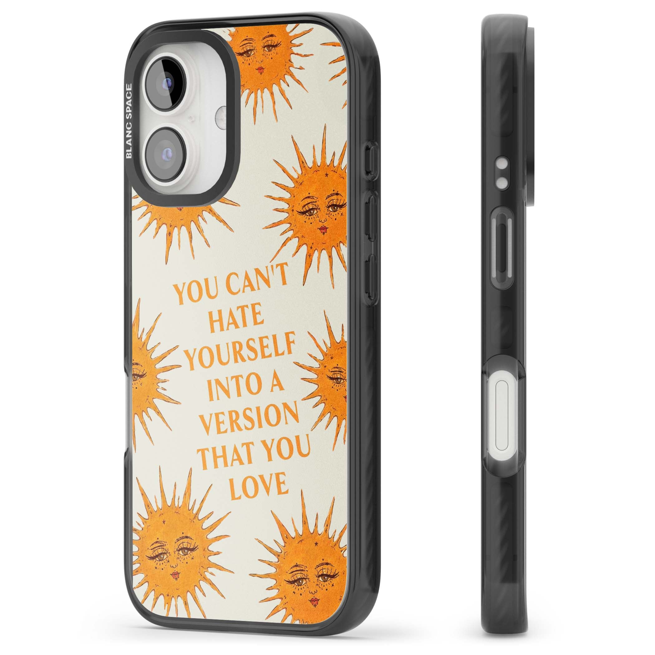 Don't Hate Yourself celestial iPhone case featuring vintage sun faces, ochre rays and a self-love quote | Black Impact Magsafe case for iPhone 16, iPhone 16 Plus