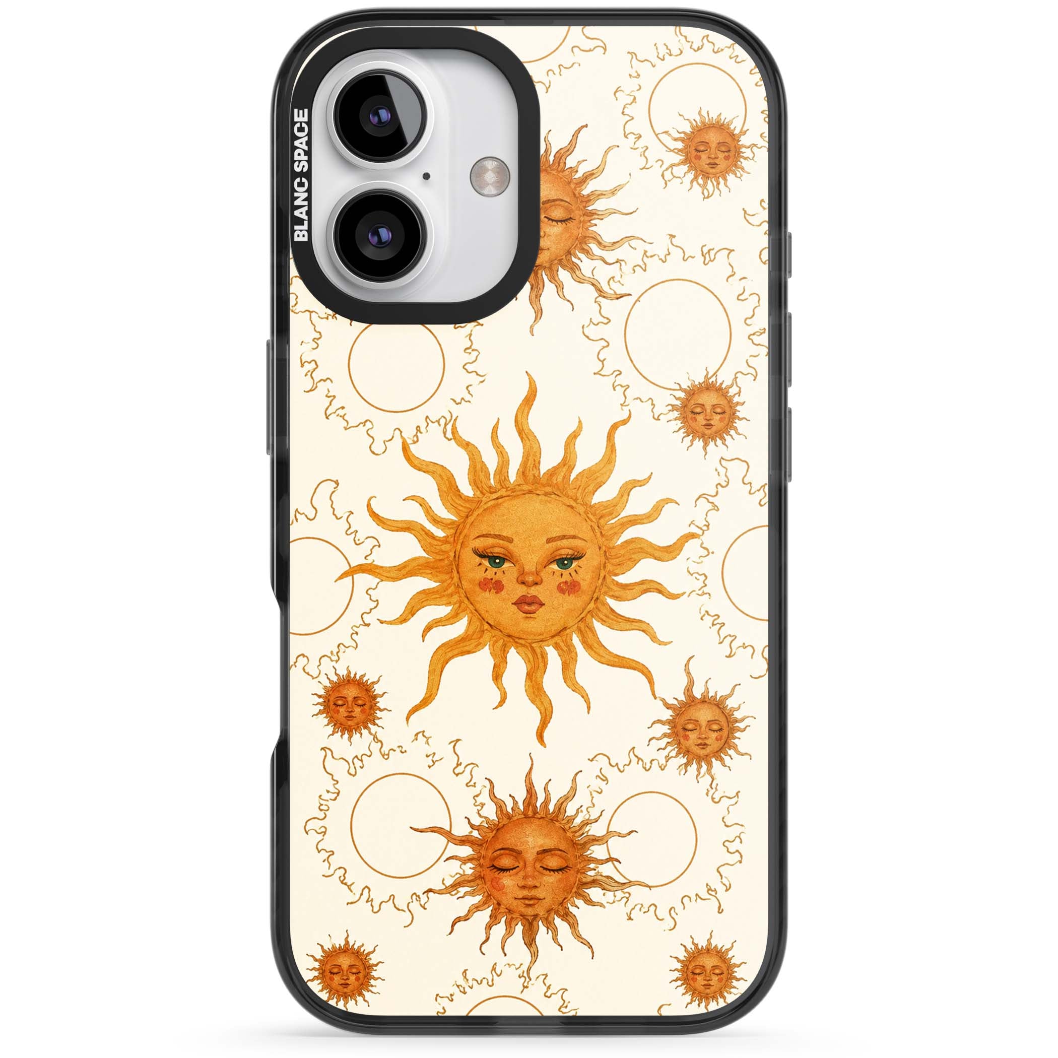 Solstice Muse celestial iPhone case featuring hand-painted golden sun faces, closed-eye sun goddesses and outlined moons... | Black Impact Magsafe case for iPhone 16, iPhone 16 Plus