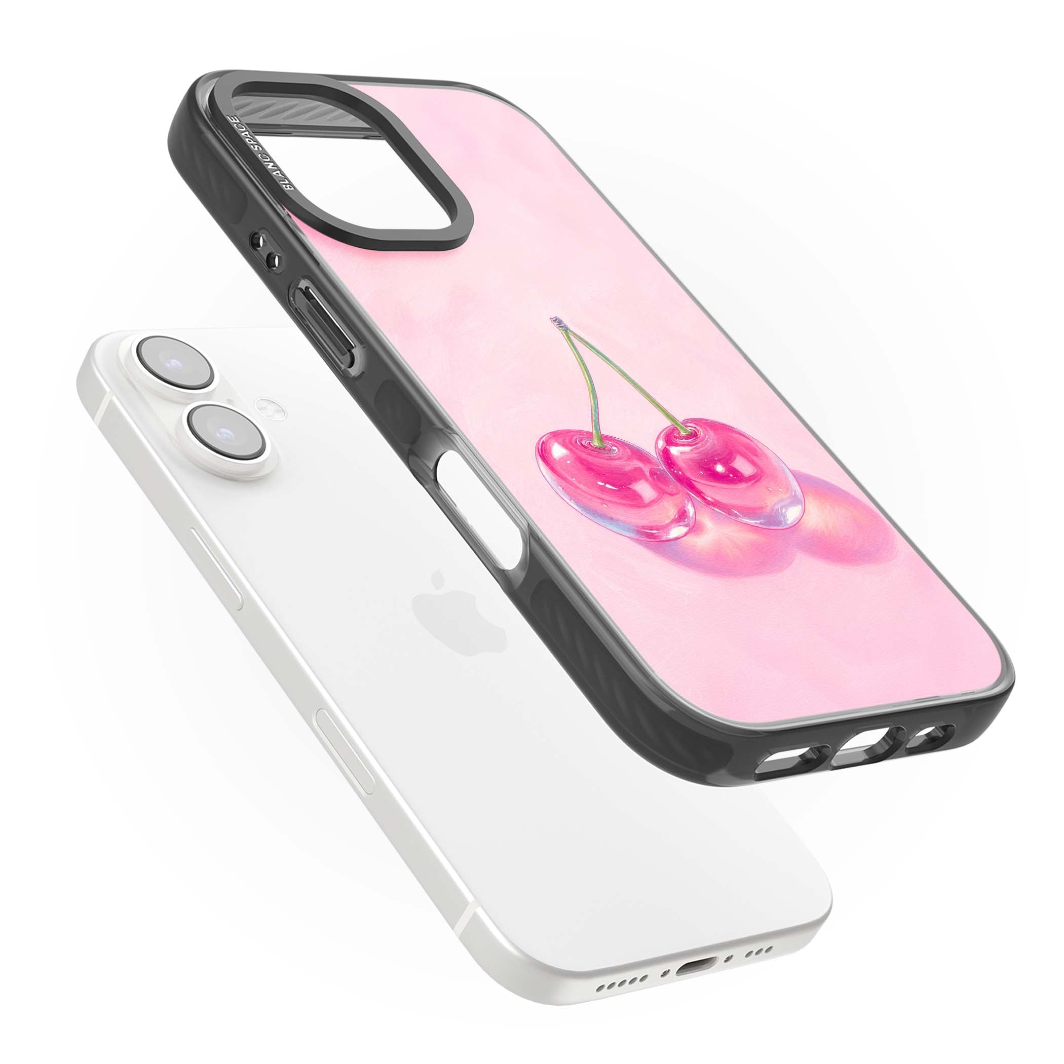 Pink Glass Cherry coquette iPhone case featuring two glossy painted cherries on a soft pink background | Black Impact Magsafe case for iPhone 16, iPhone 16 Plus