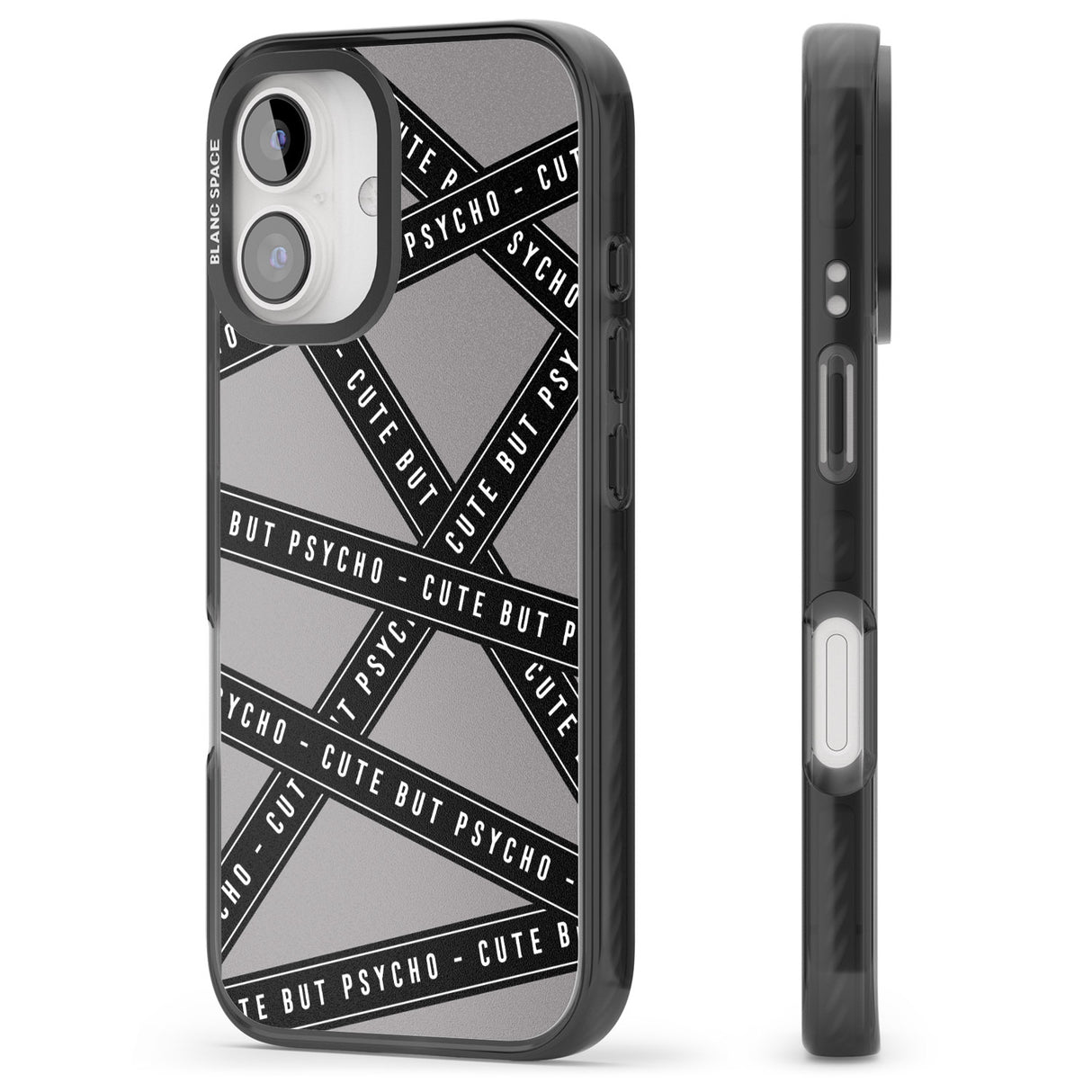 iPhone 16 Pro Max Caution Tape Phrases Cute But Psycho Black Impact Phone Case