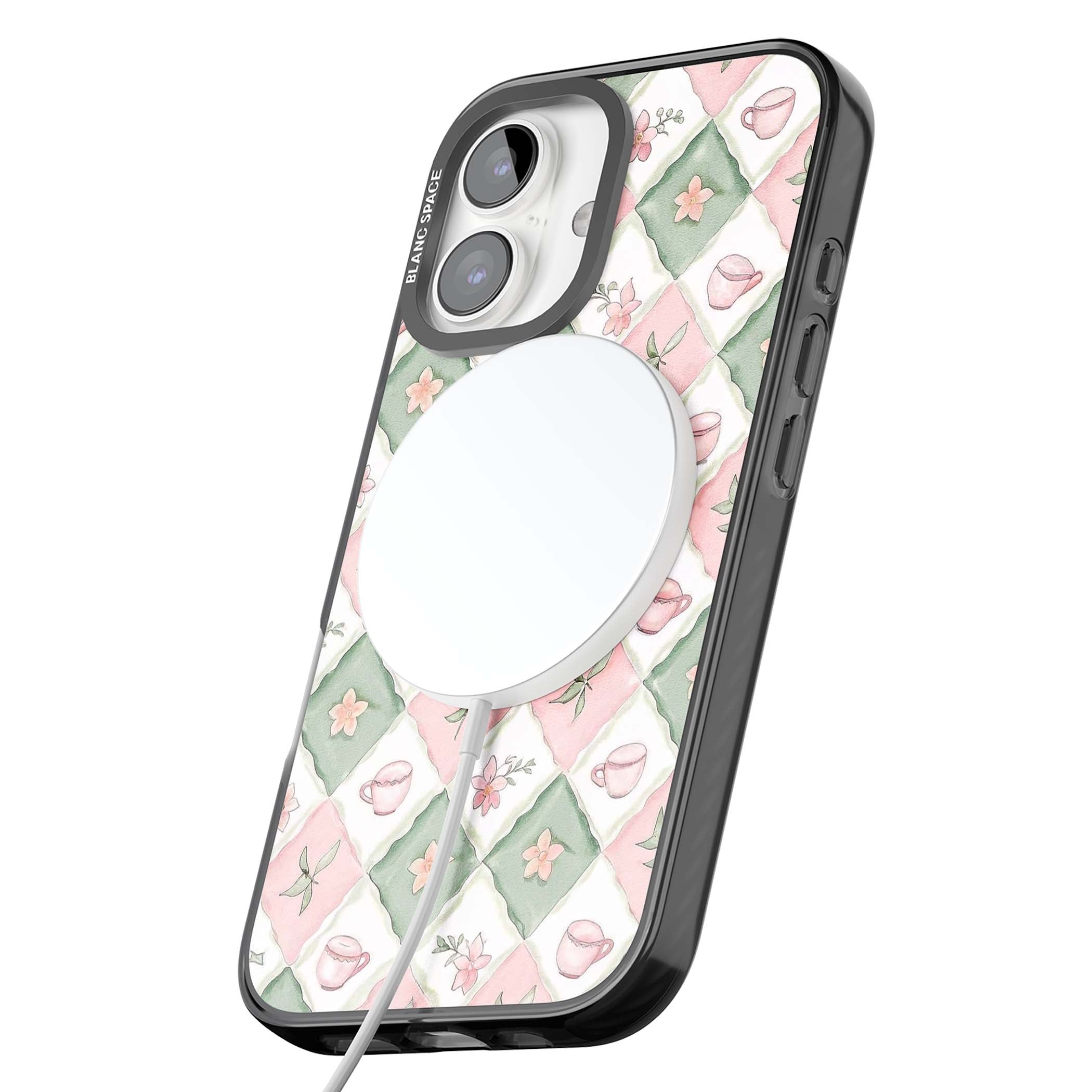 Garden Tea Party coquette iPhone case with pink and green checkered pattern, watercolour teacups and wildflowers | Black Impact Magsafe case for iPhone 16, iPhone 16 Plus