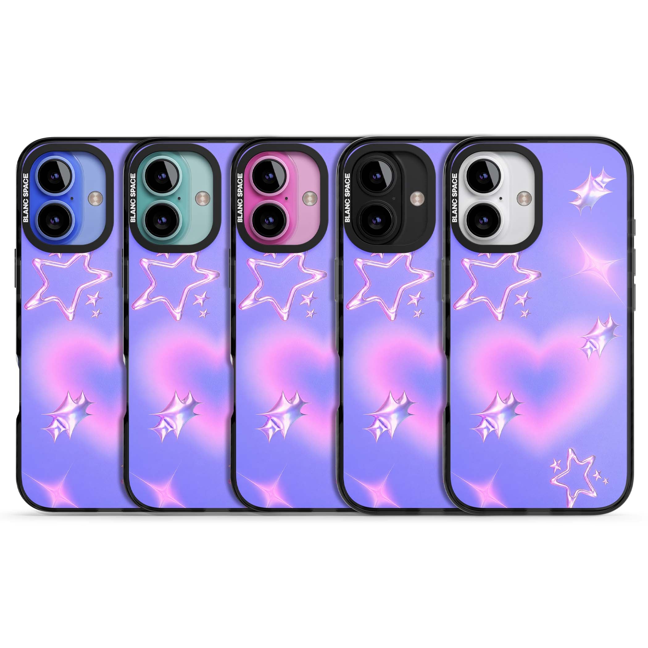 Soft Sugar Y2K iPhone case featuring iridescent chrome hearts, metallic pink stars and a lavender gradient sky | Black Impact Magsafe case for iPhone 16, iPhone 16 Plus