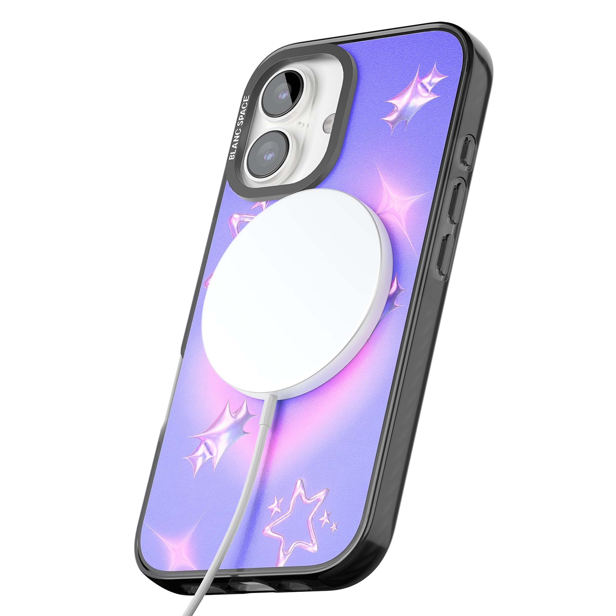 Soft Sugar Y2K iPhone case featuring iridescent chrome hearts, metallic pink stars and a lavender gradient sky | Black Impact Magsafe case for iPhone 16, iPhone 16 Plus