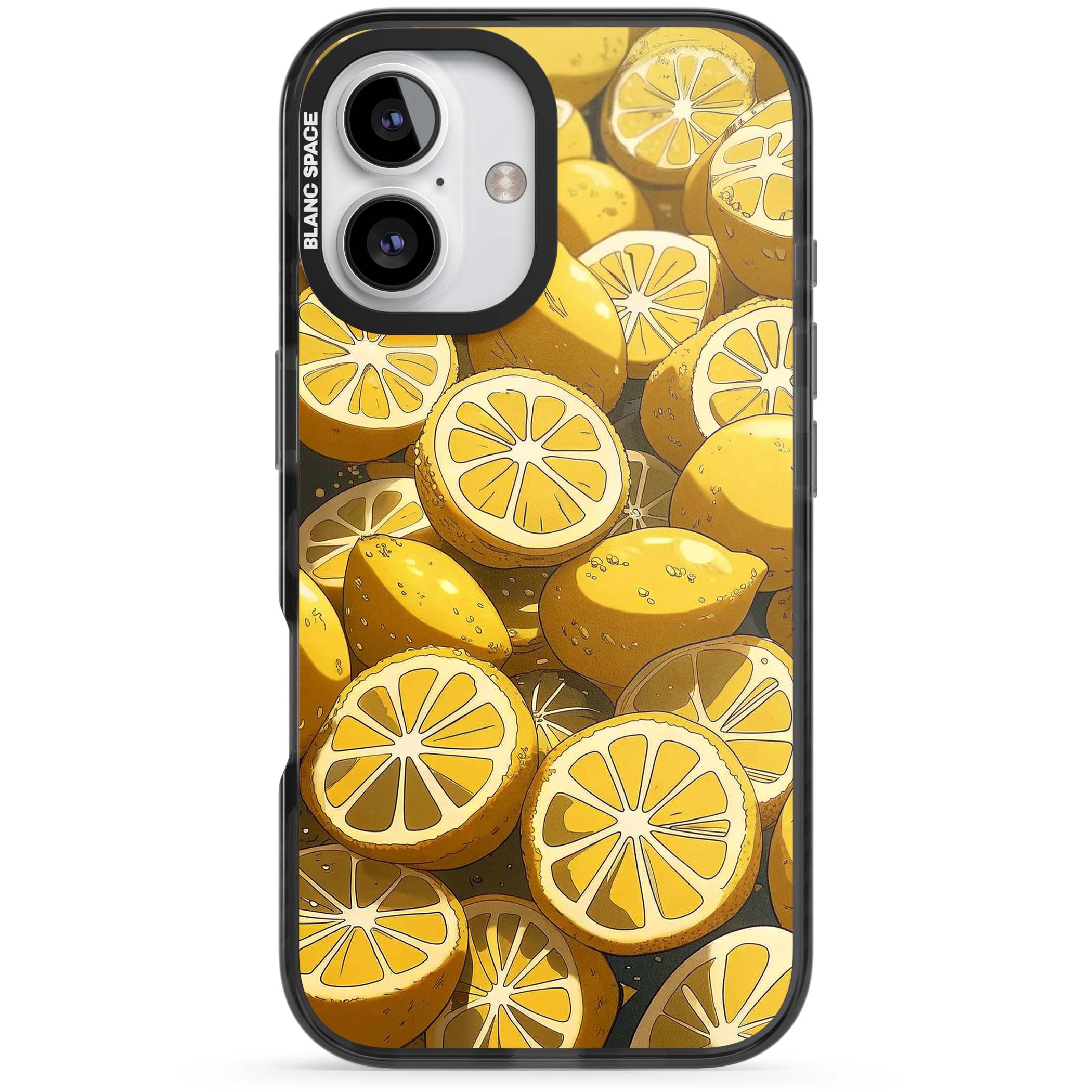 Zesty coastal iPhone case featuring illustrated Mediterranean lemons and citrus slices in golden yellow | Black Impact Magsafe case for iPhone 16, iPhone 16 Plus